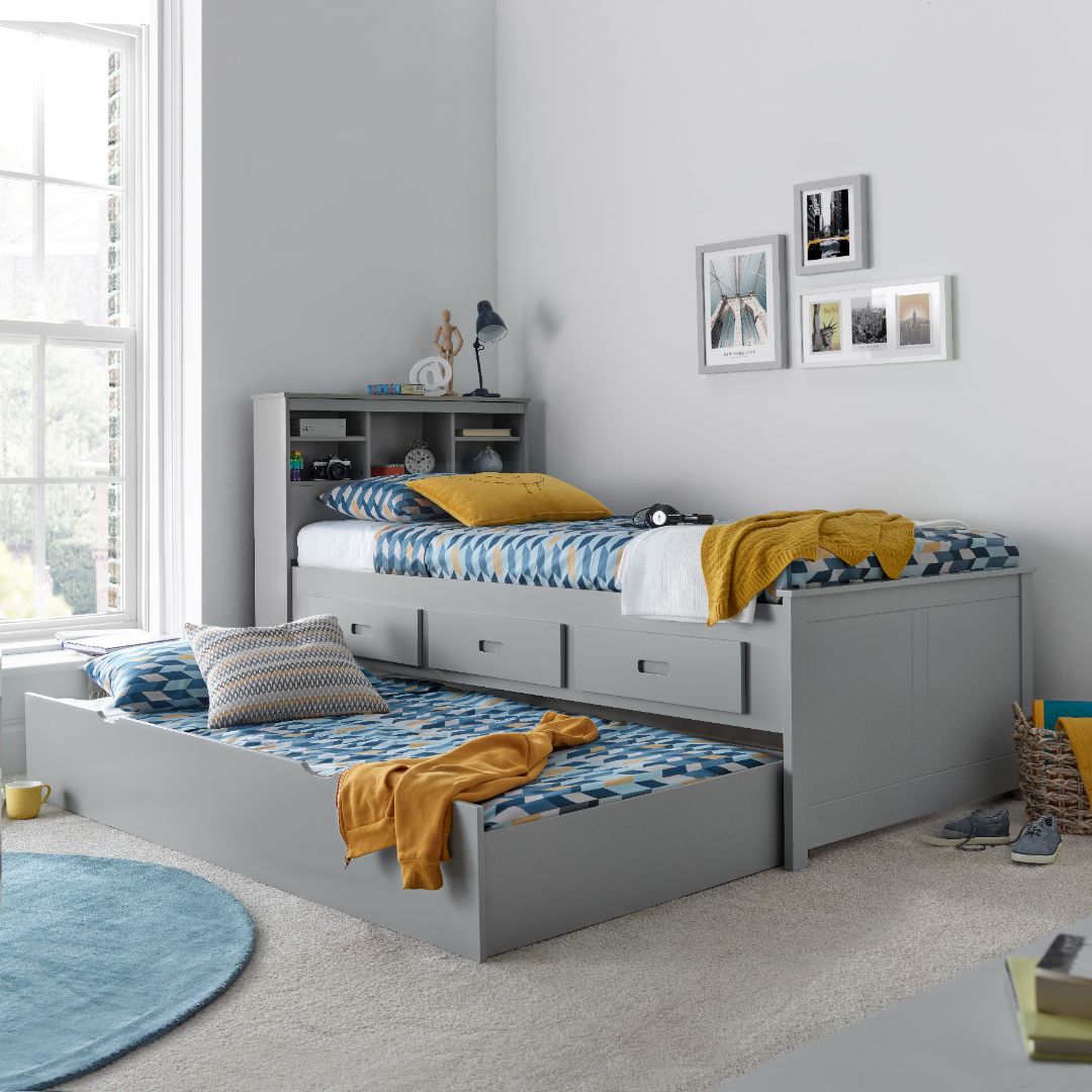 Veera Guest Bed With Drawers And Trundle With Memory Foam Mattresses | Single | Grey