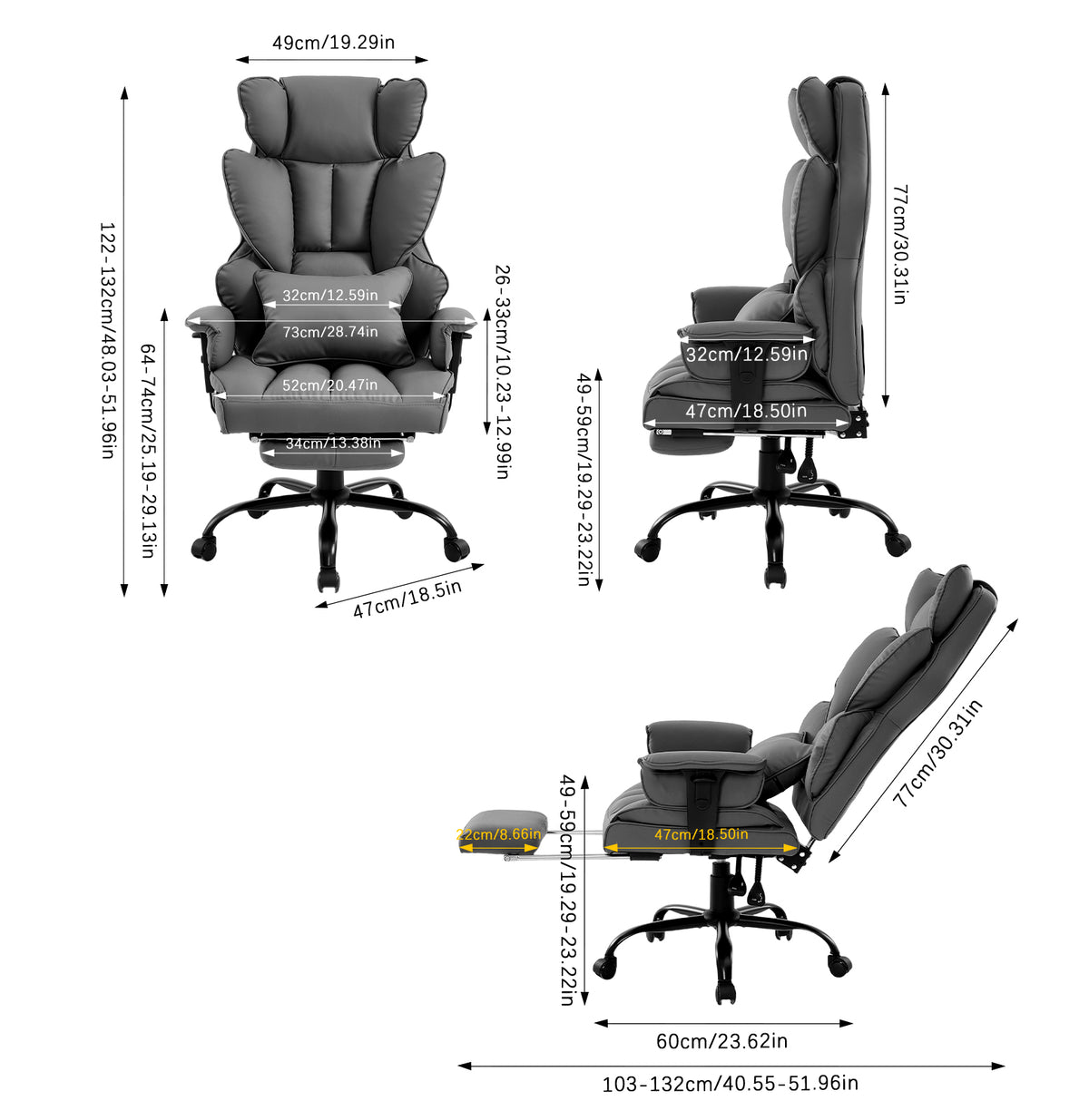 Height-adjustable Reclining Swivel Office Chair With Footrest | Dark Grey