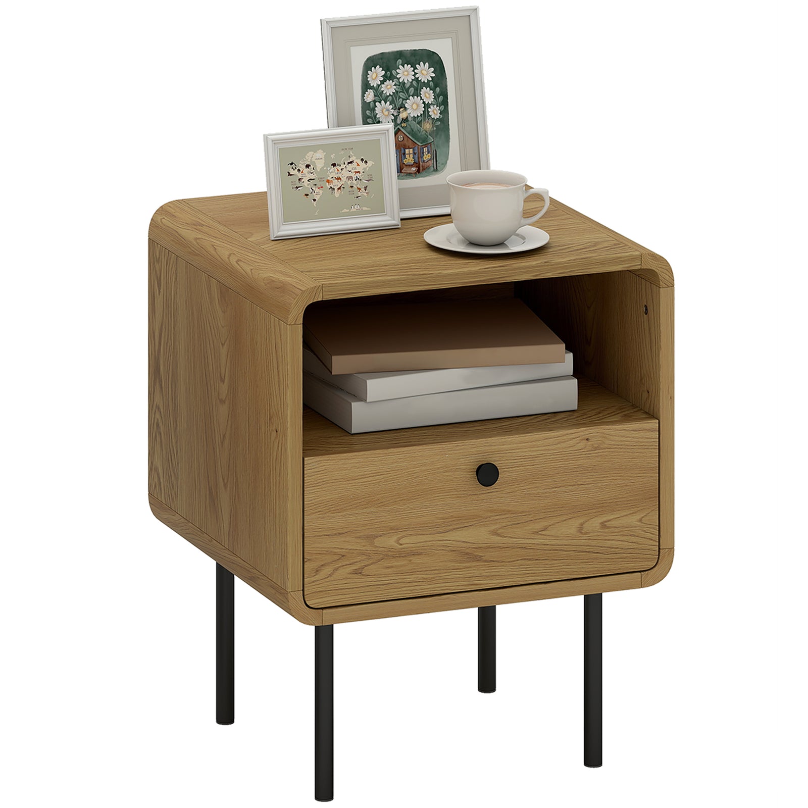 Bedside Table With Drawer And Shelf, Modern Bedside Cabinet, Oak