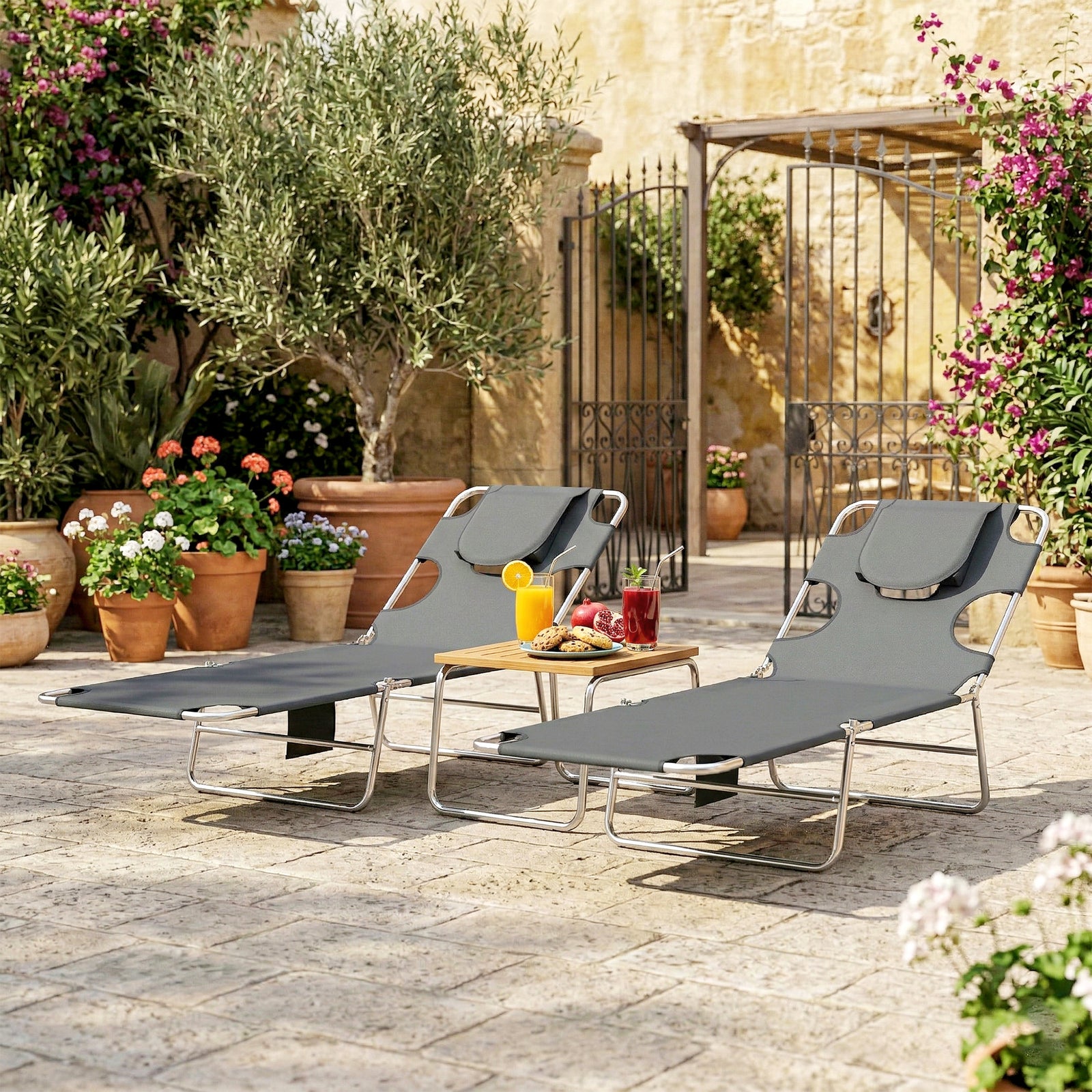 2 Sun Loungers With Reading Hole, Folding Garden Lounger | Dark Grey