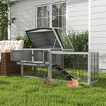 Wooden Rabbit Hutch With Run, Asphalt Roof, Pull-out Tray, Ramp | Gray