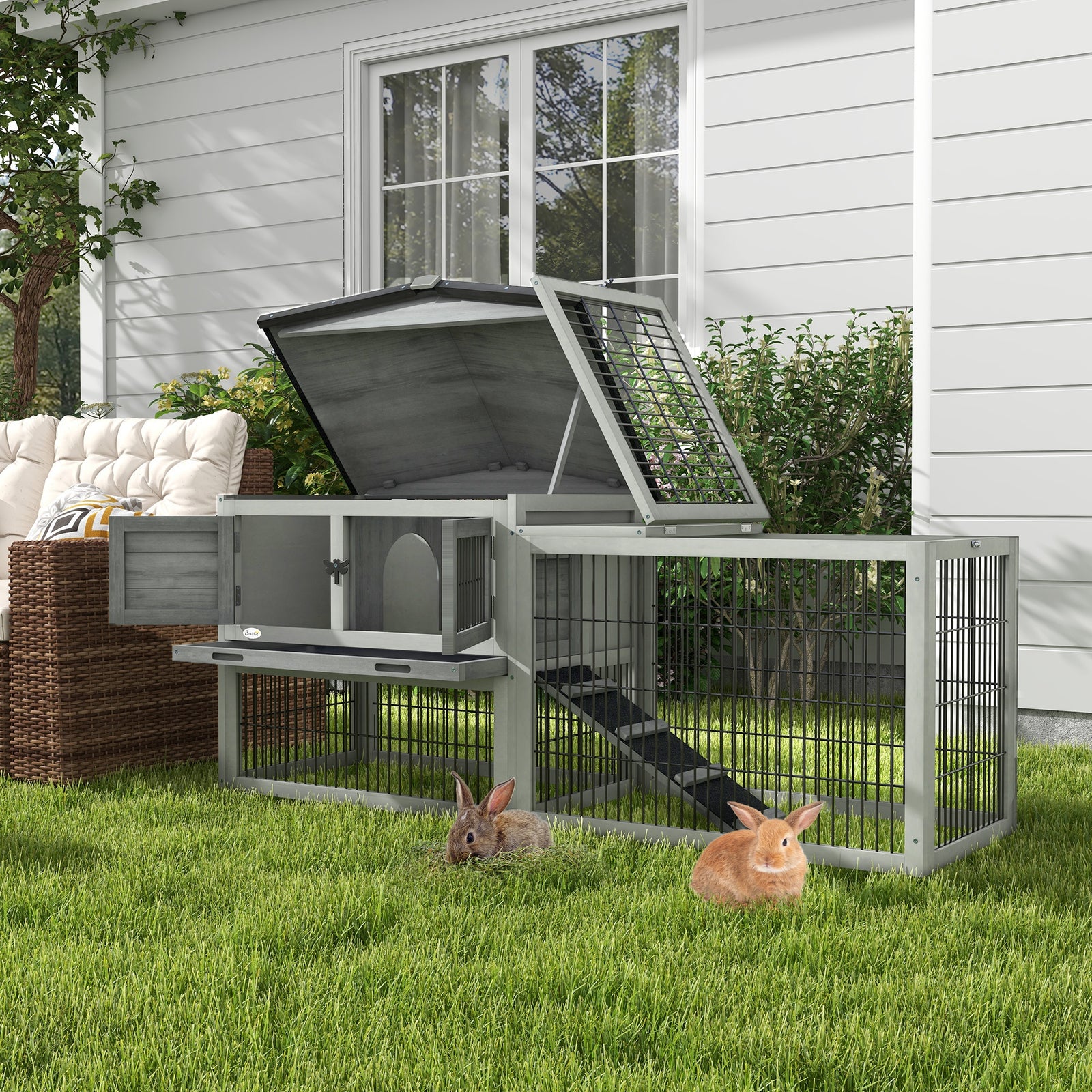Wooden Rabbit Hutch With Run, Asphalt Roof, Pull-out Tray, Ramp | Gray