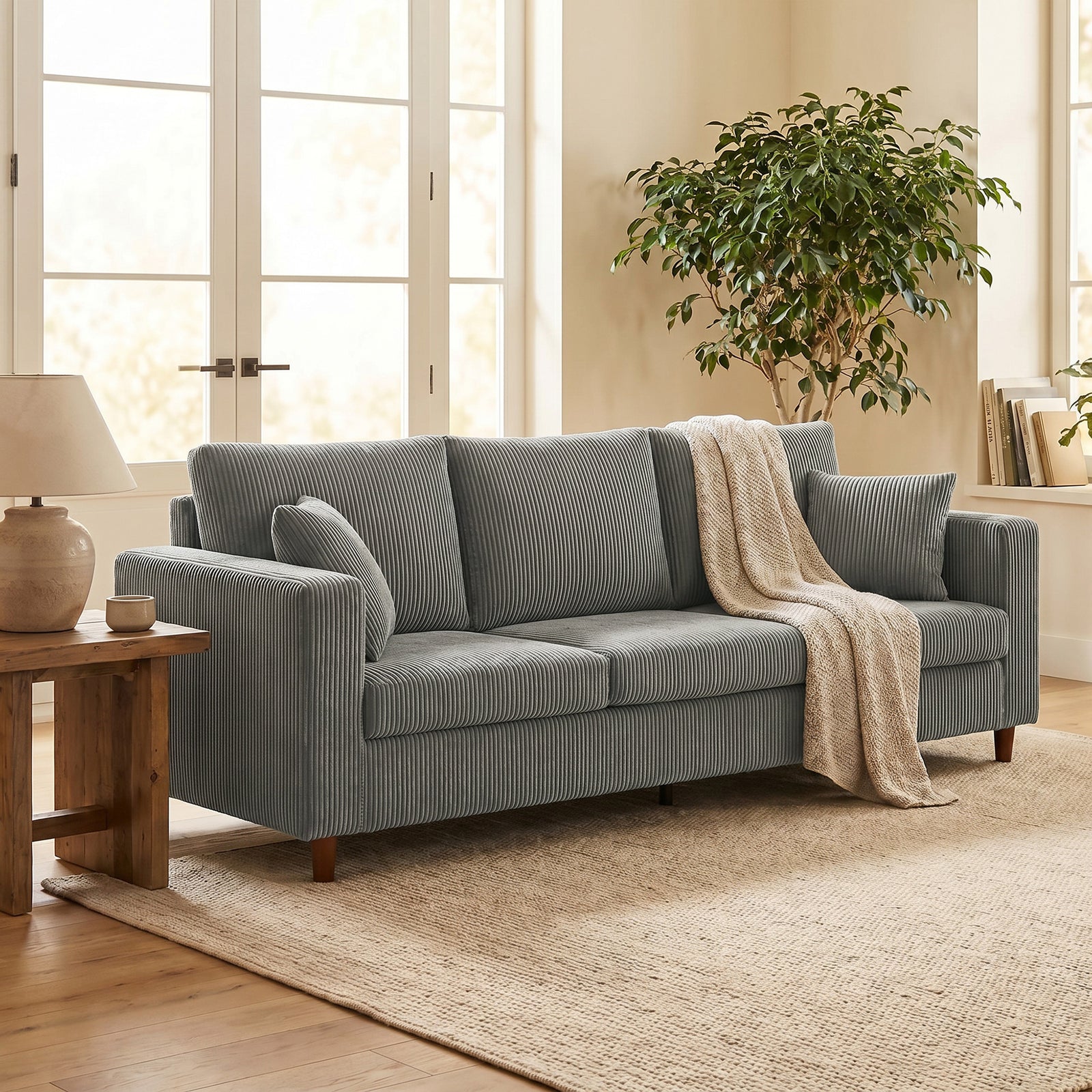 3 Seater Sofa With Wide Seat, Corduroy Upholstered | Light Grey