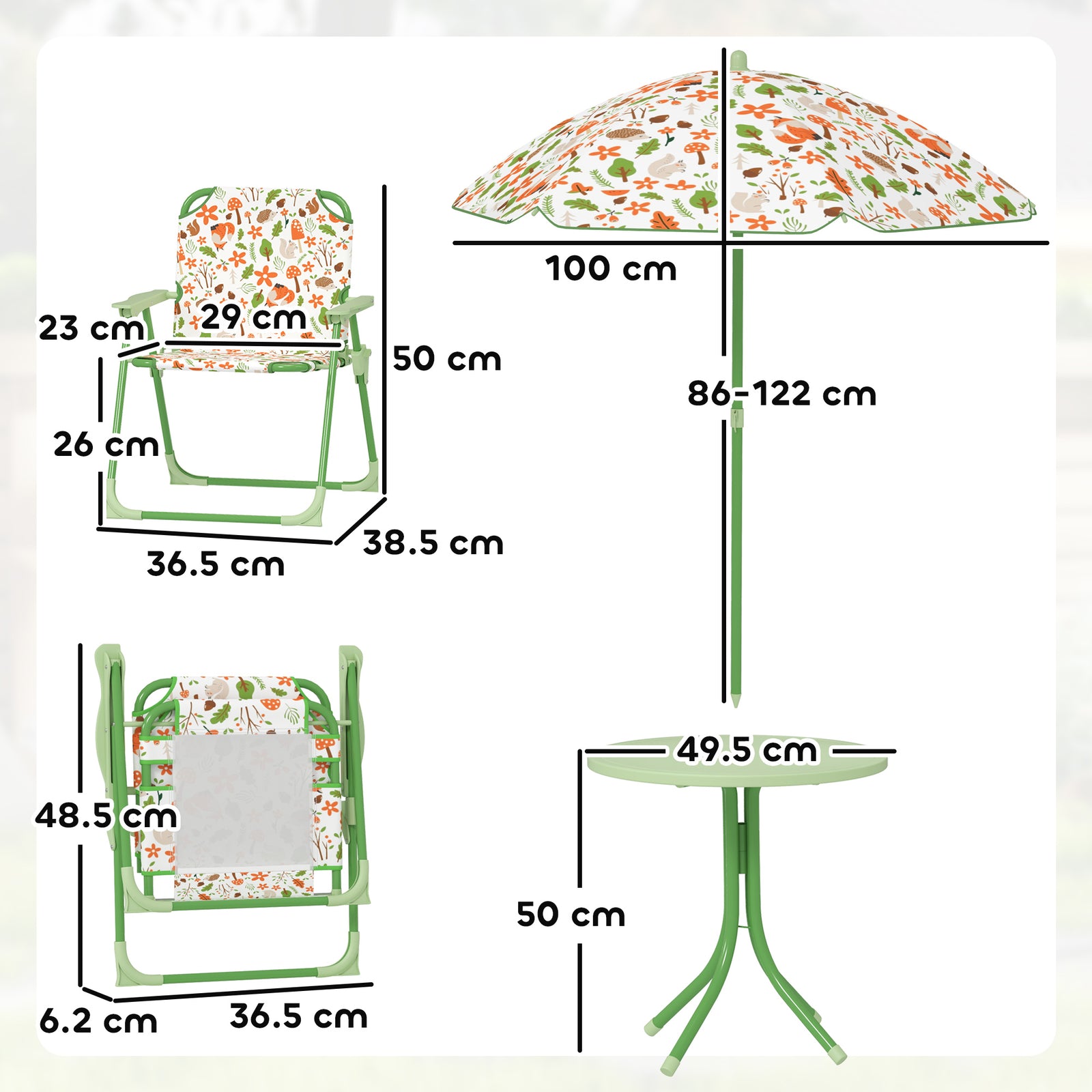 Kids Garden Furniture, Children Table And Chair Set W/ Adjustable Parasol | Green