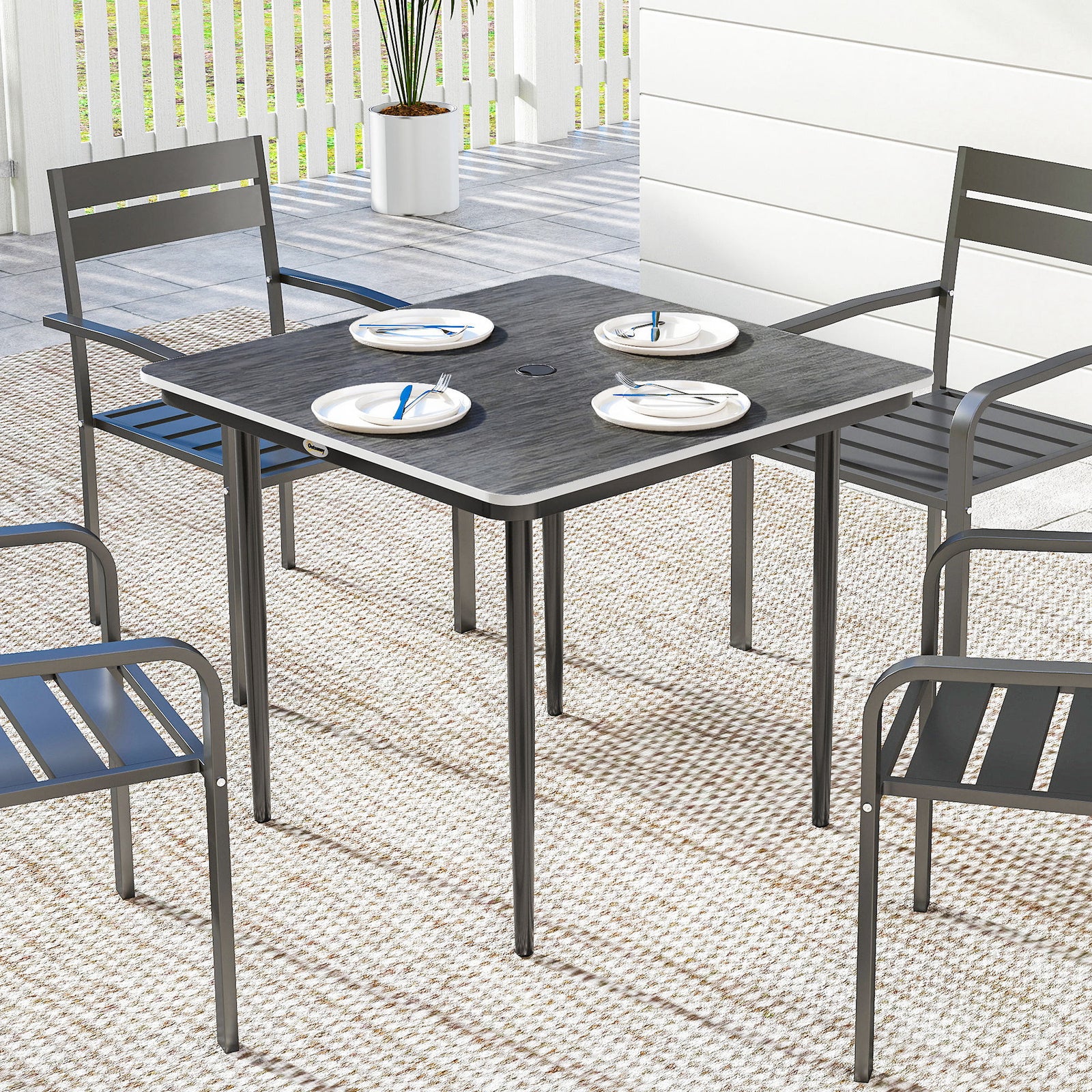 Garden Dining Table, Outdoor Table With Umbrella Hole | Dark Grey