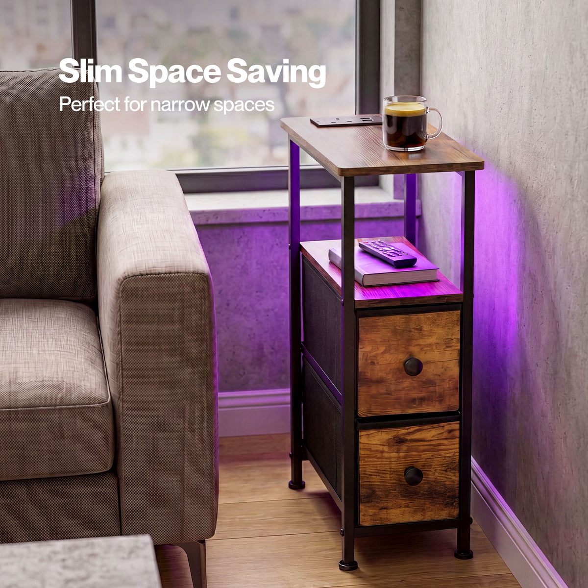 Bedside Table Narrow Side Table With Led Charging Station Storage Brown | Brown