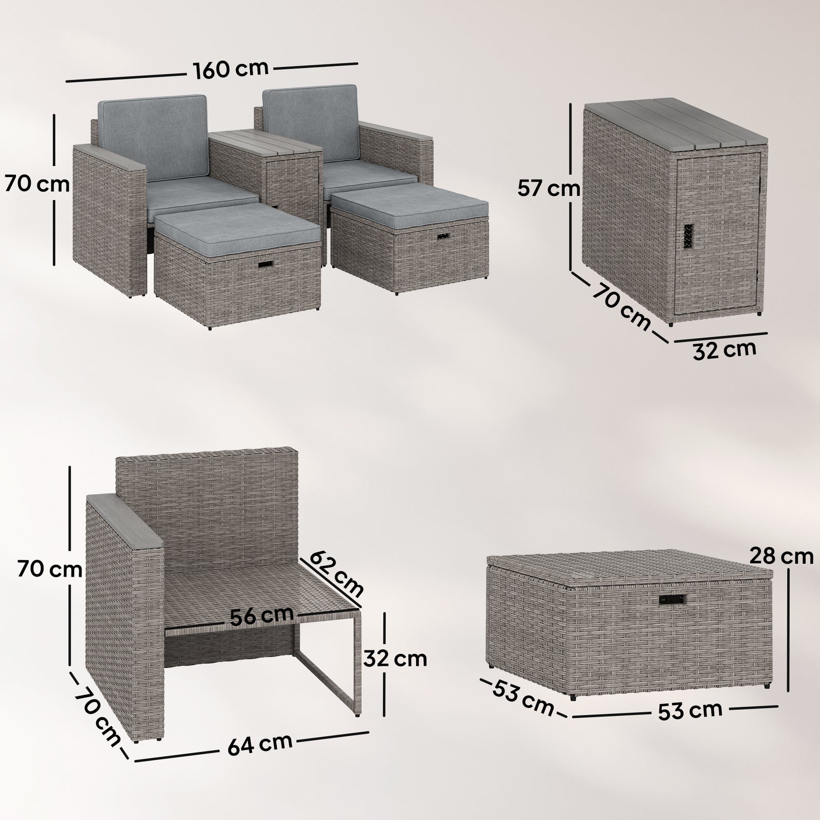 5 Piece Rattan Garden Furniture Set W/ Storage Table | Dark Grey
