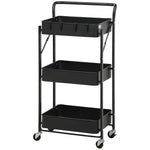 HOMCOM Rolling Utility Cart With 3 Mesh Basket 4 Hooks For Kitchen