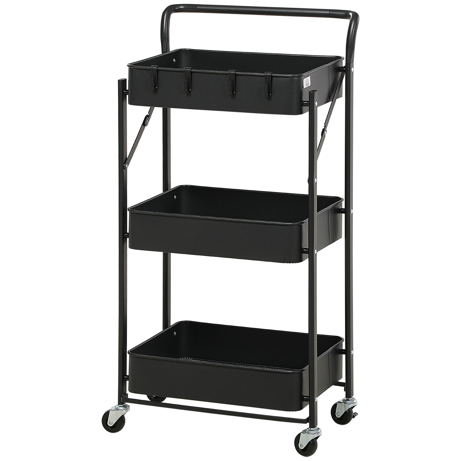 HOMCOM Rolling Utility Cart With 3 Mesh Basket 4 Hooks For Kitchen