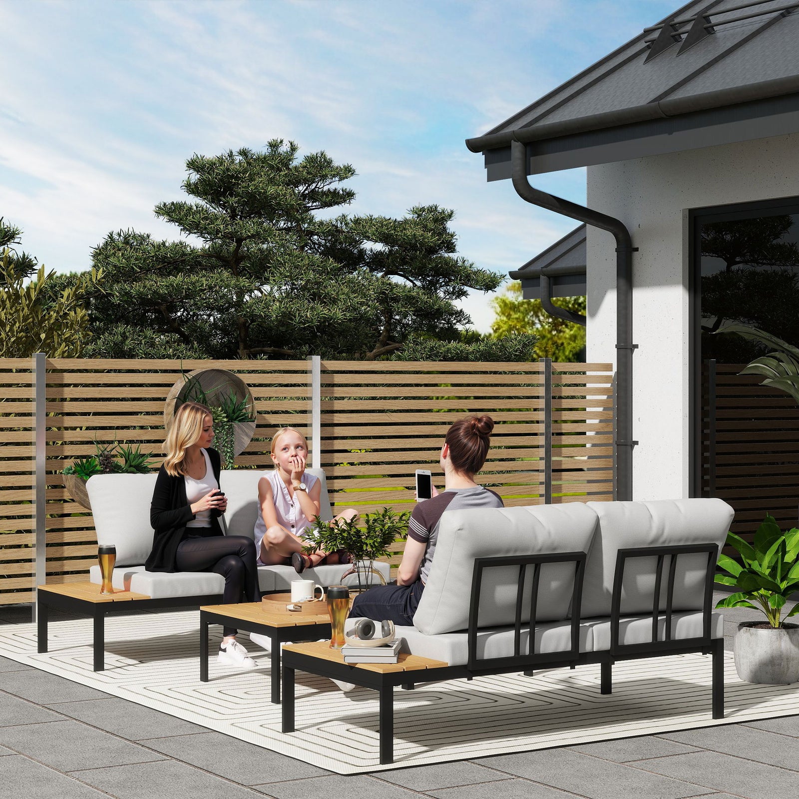 4 Seater Garden Corner Sofa Set W/ Removable Thick Cushions | Tan