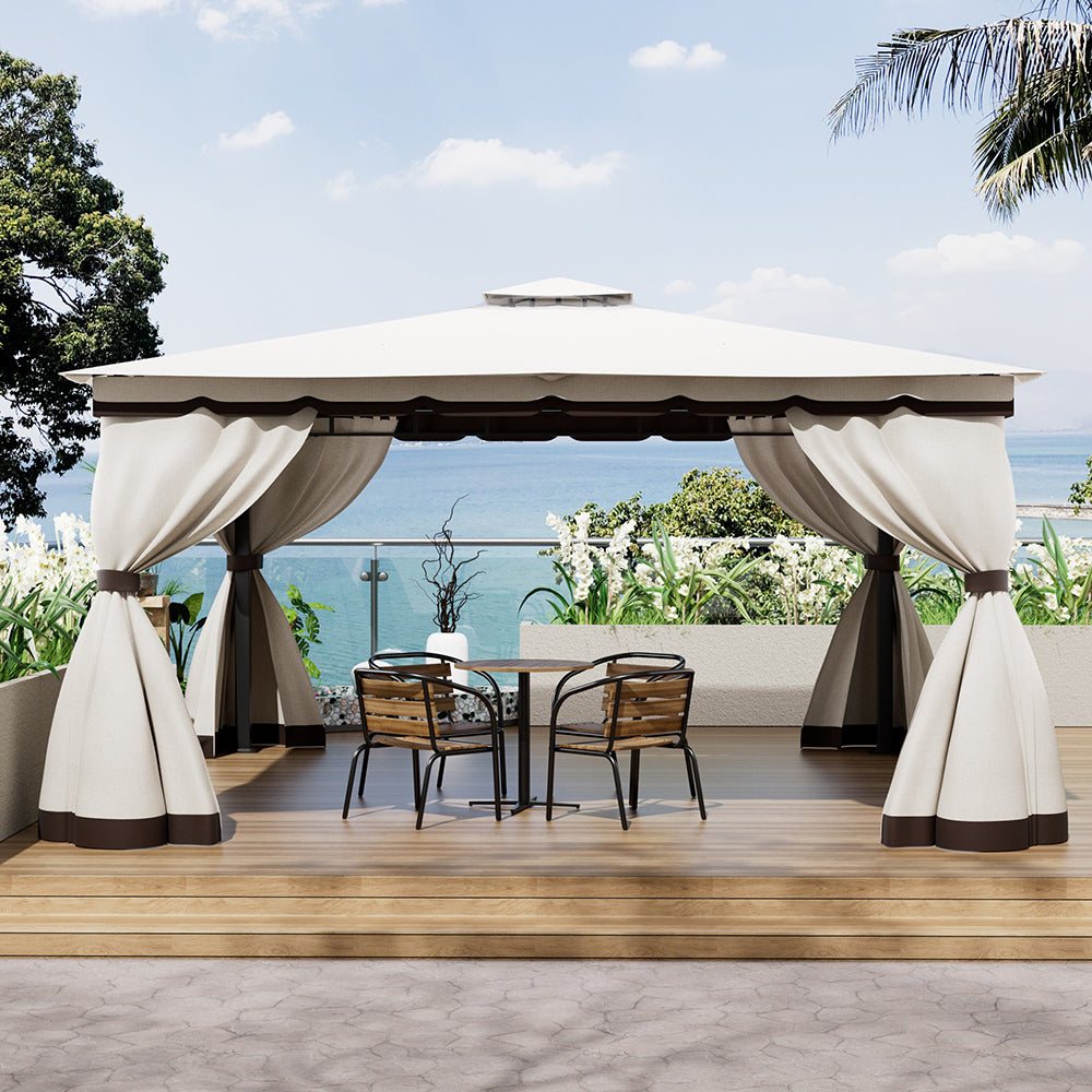 3x3m/4x4m Gazebo With Curtains Double Roof Outdoor Canopy Shelter For Garden, Patio, Or Backyard | Large | Beige