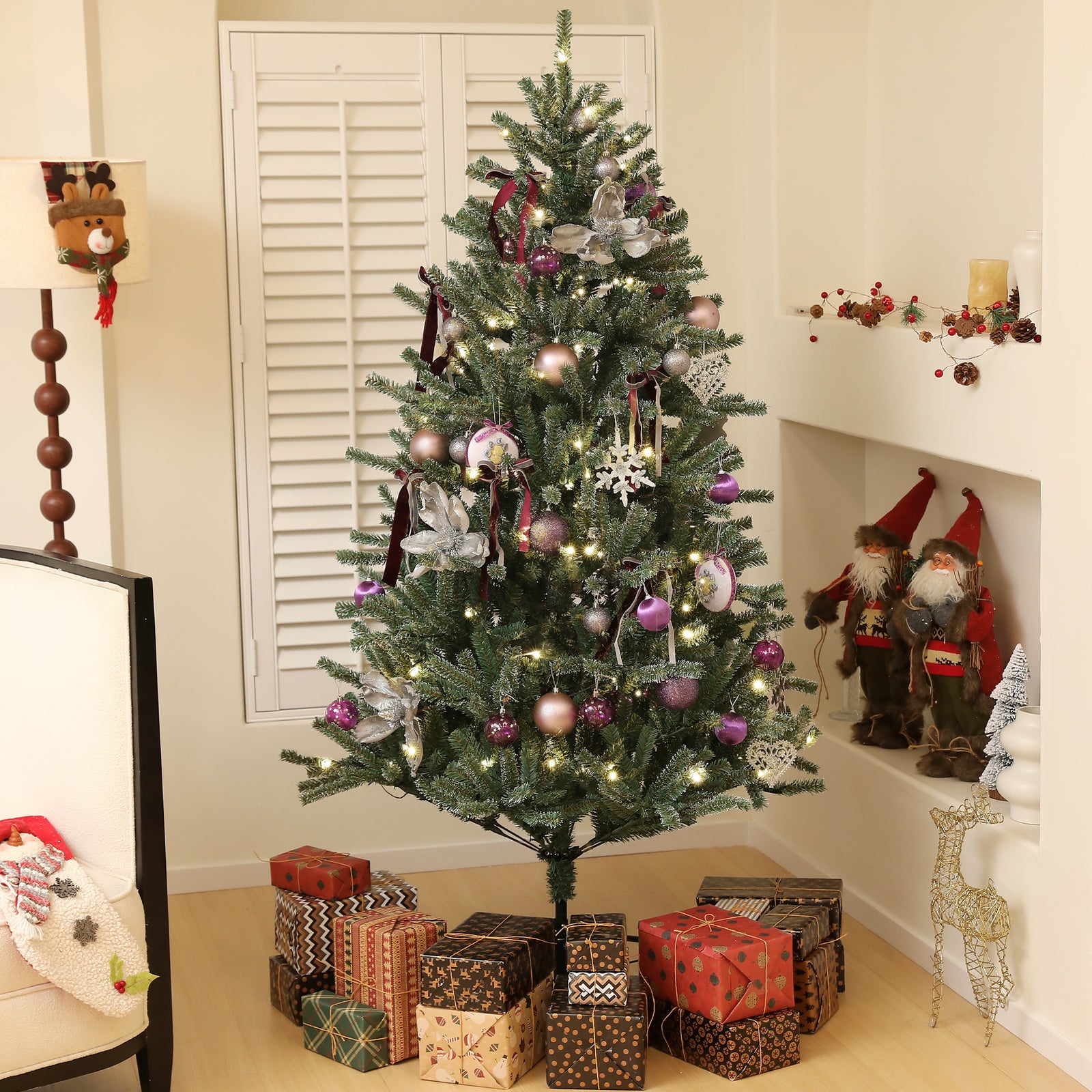 6ft Artificial Prelit Christmas Tree W/ Led Lights, Purple Ornaments | 6ft | Green