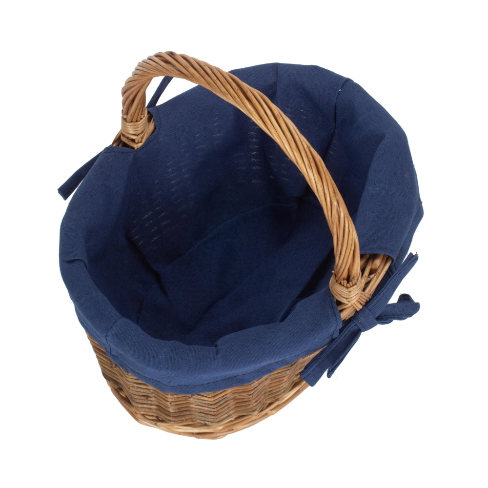 Navy Blue Lined Country Oval Wicker Shopping Basket | Small