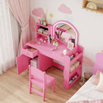 Girls Dressing Table With 2-colour Led Mirror And Stool | Pink