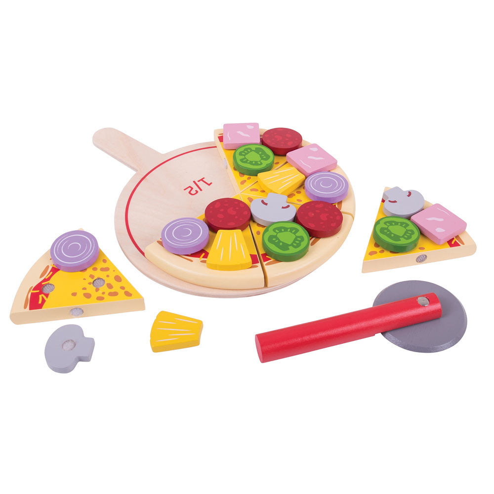 Wooden Pizza Cutting Set, With 6 Different Toppings
