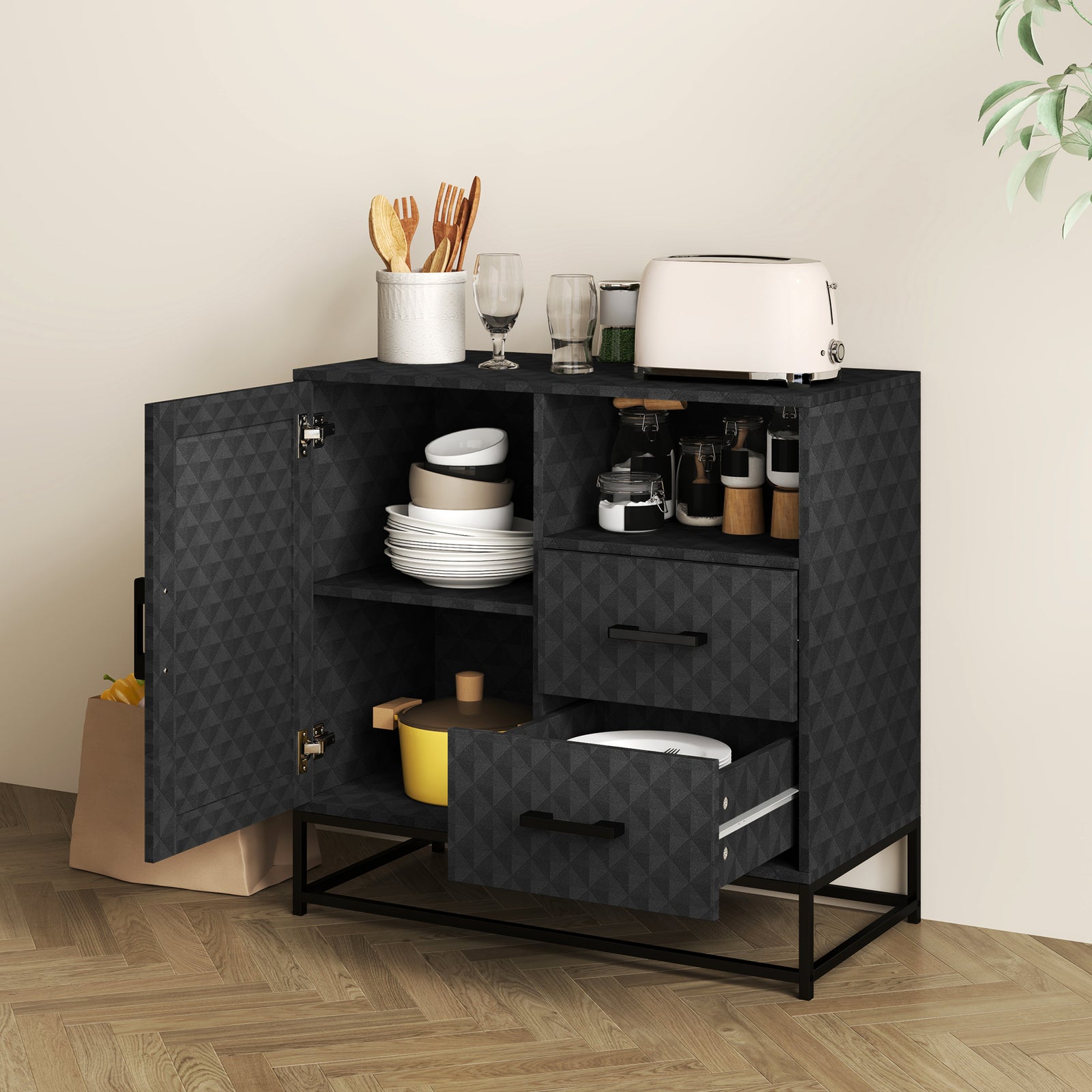 Cupboard With Adjustable Shelf, Open Compartment | One Size | Black