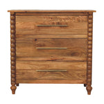 Spindle 3-drawer Chest – Solid Wood, Light Brown Finish