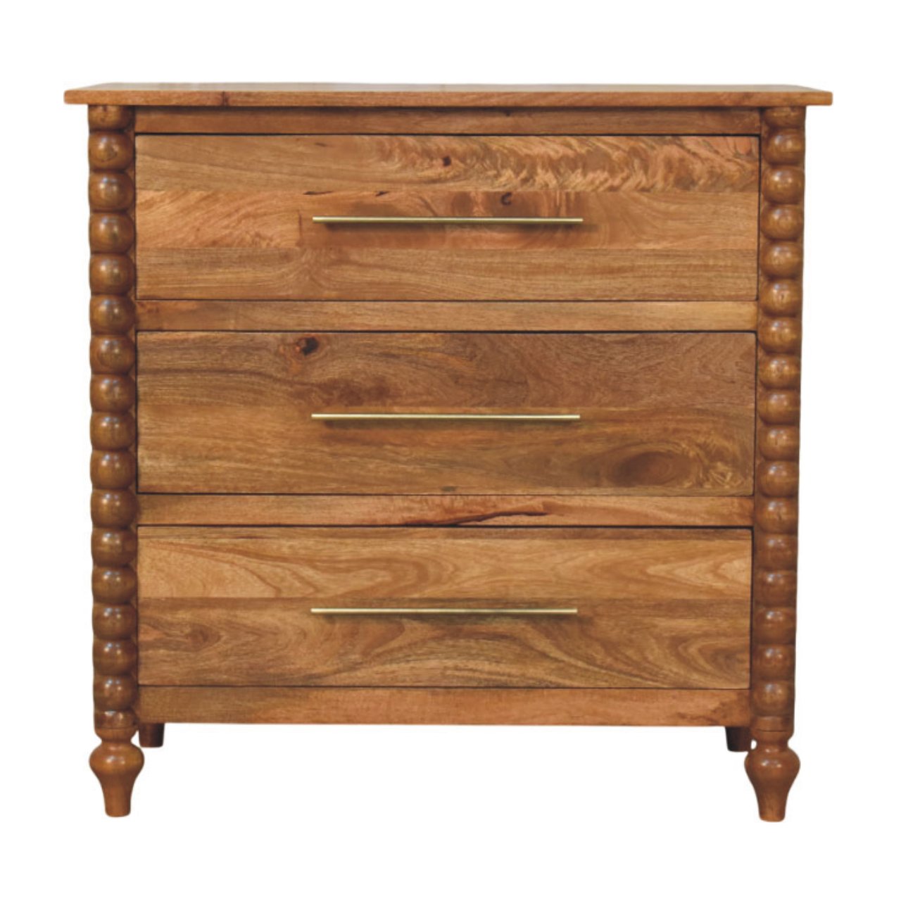 Spindle 3-drawer Chest – Solid Wood, Light Brown Finish