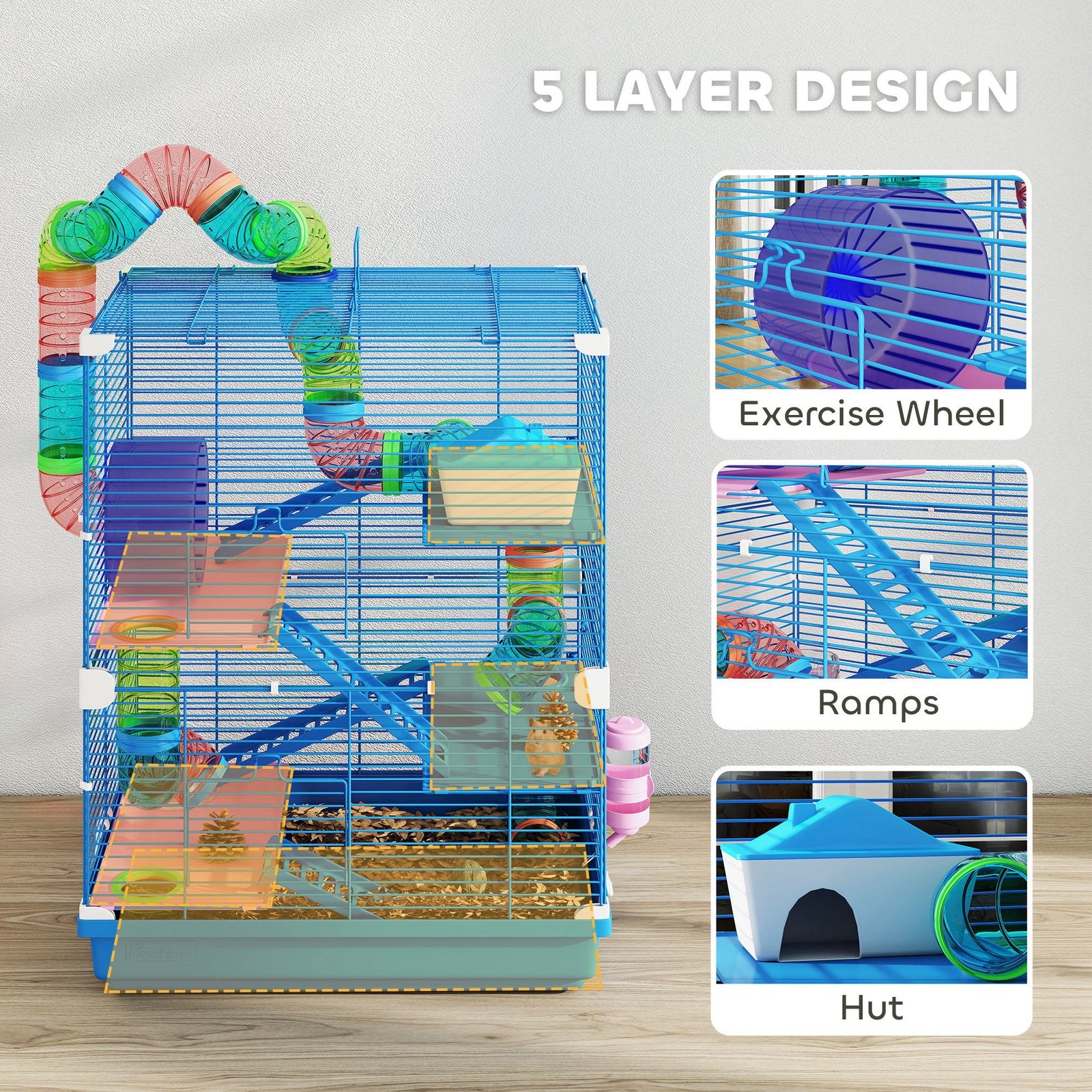 5 Tier Hamster Cage Carrier Habitat W/ Exercise Wheels, Blue