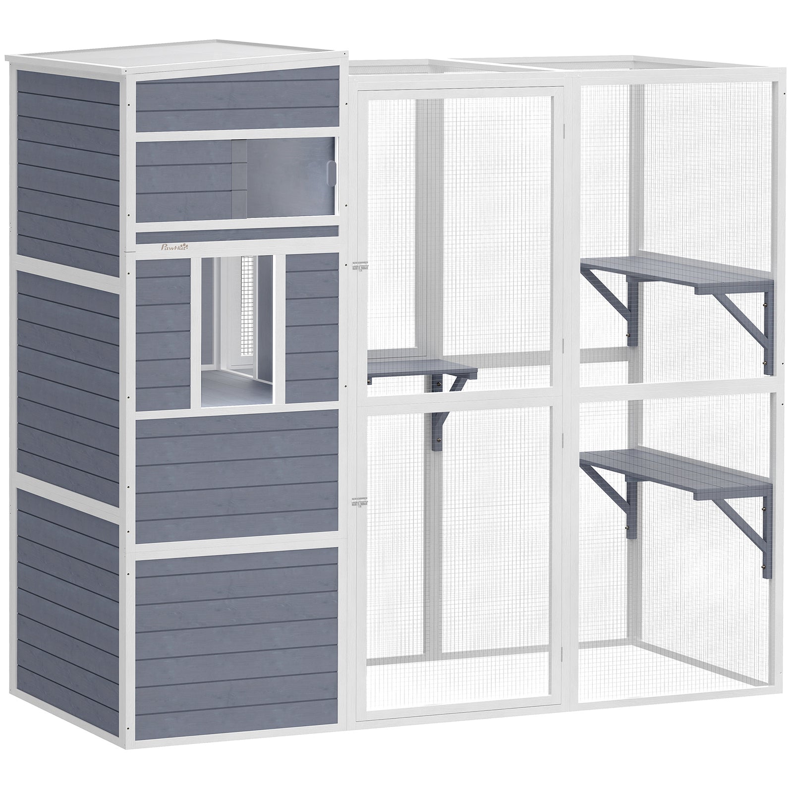 PawHut Wooden Catio With Spacious Resting Rooms, 3 Platforms, Window, Grey