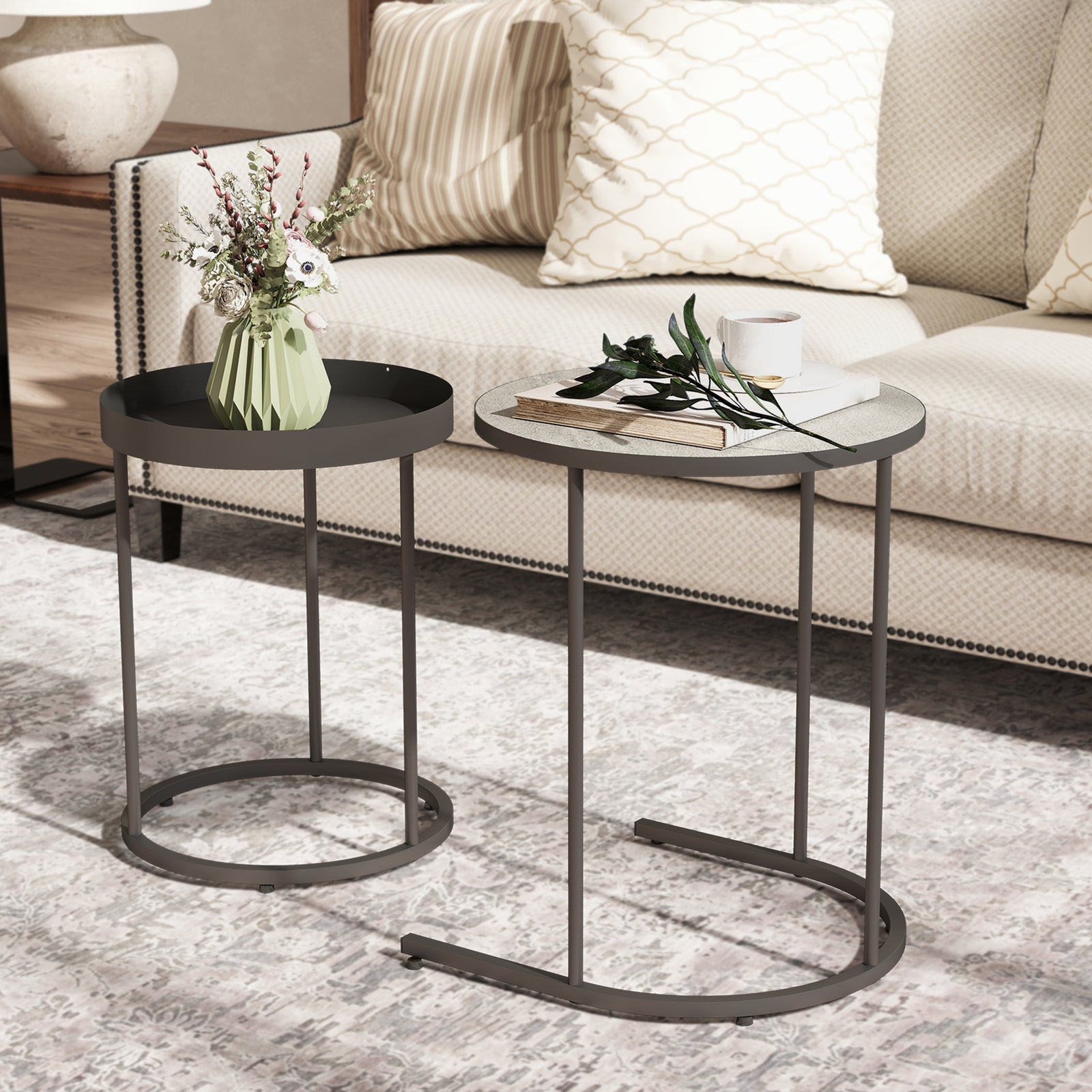 Nesting Side Table Set Of 2, Industrial Round Nest Of Tables | Grey