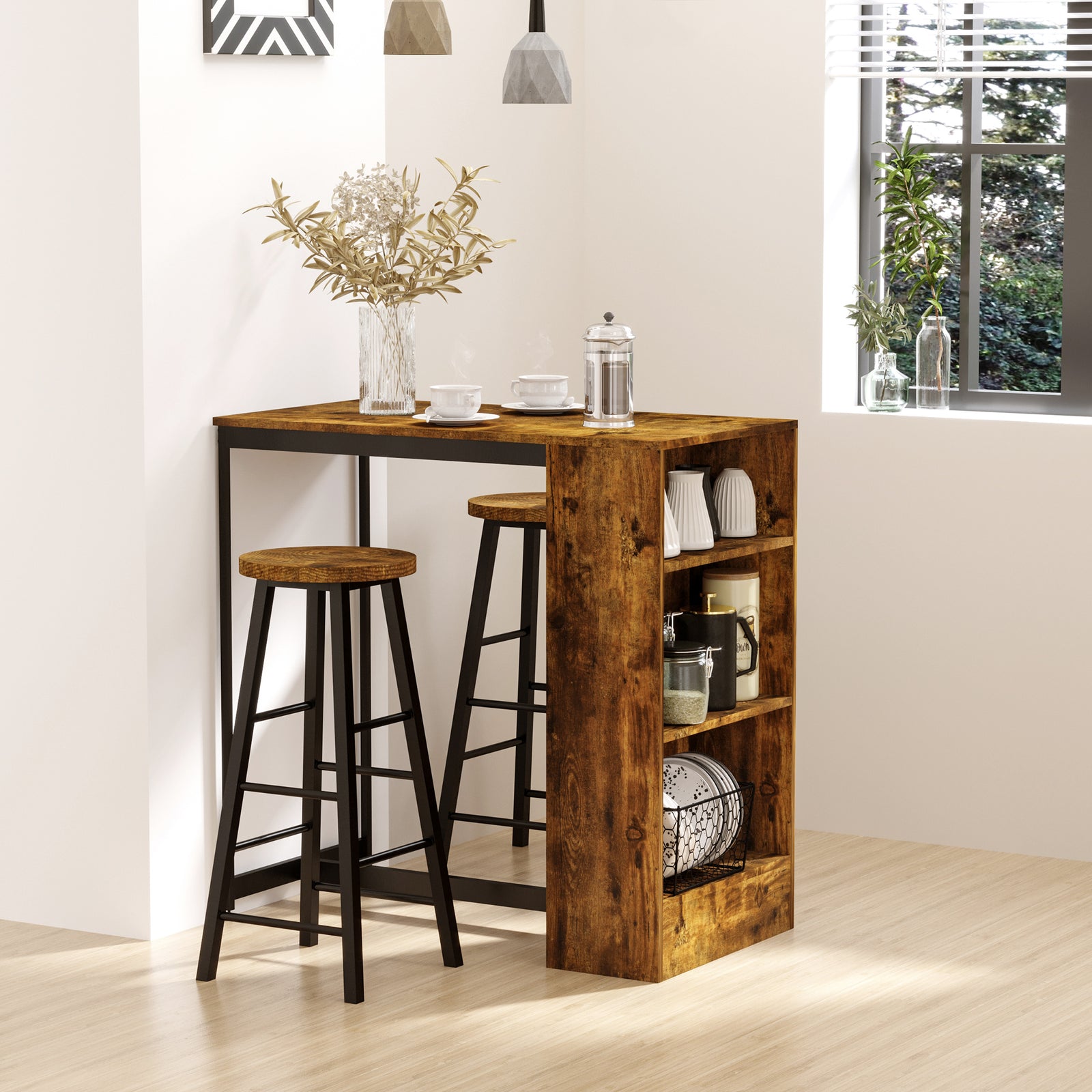Bar Table Set With Storage Shelf, 2 Stools