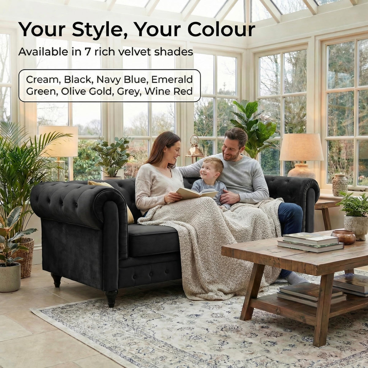 Chesterfield Scroll Arm Velvet Sofa 3 Seater | Black