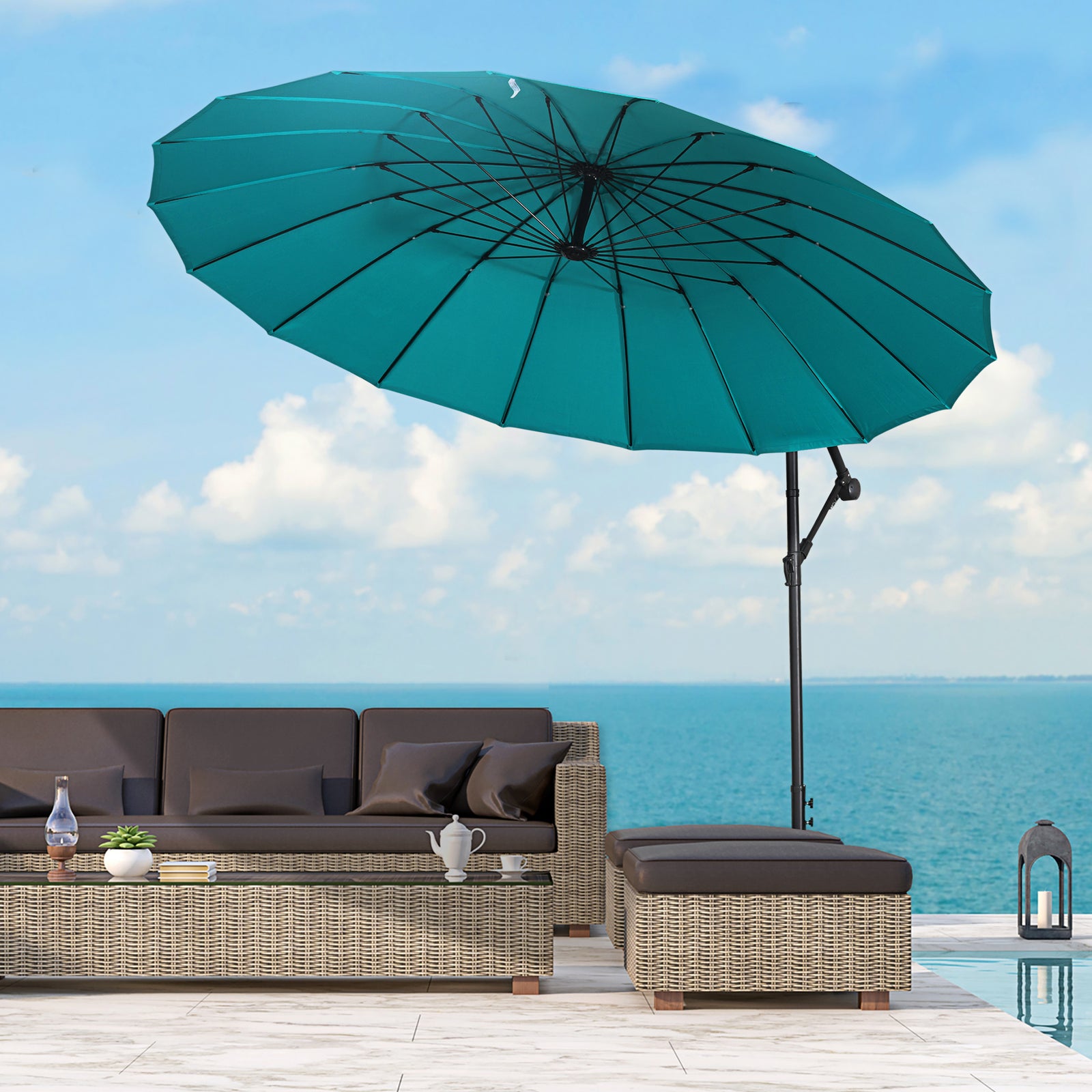 2.7m Cantilever Shanghai Parasol W/ Crank & Cross Base | Turquoise