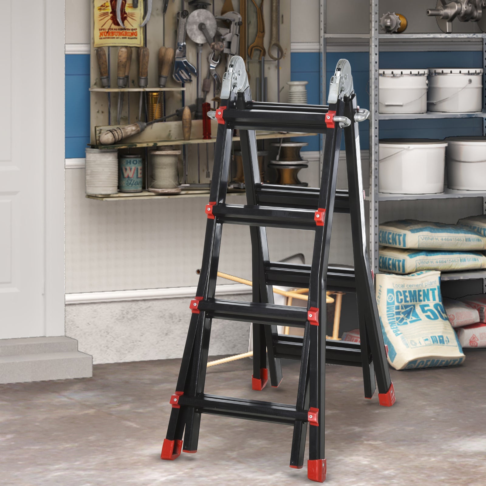 4m Aluminium Duo Ladder Telescopic Herringbone Multi-purpose Diy Non-slip