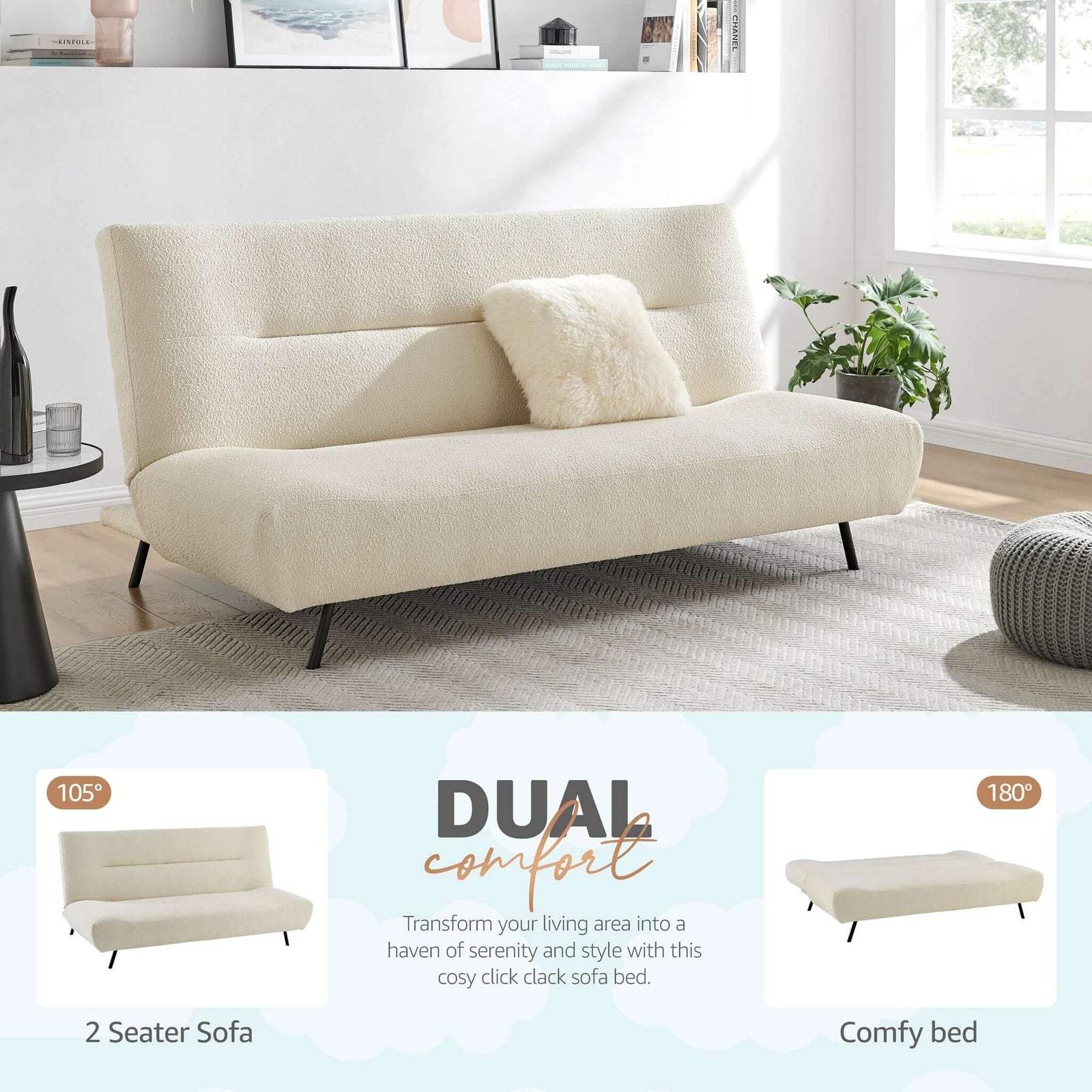 Fluffy Boucle Click-clack Sofa Bed - 2 Seater