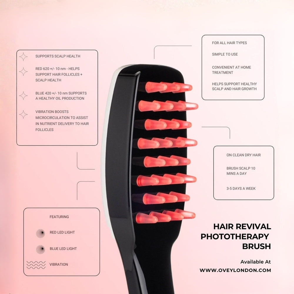 Ovey London 3-in-1 LED Hair Brush Red & Blue Light Therapy With Scalp Massage Vibration Wellness & Shine
