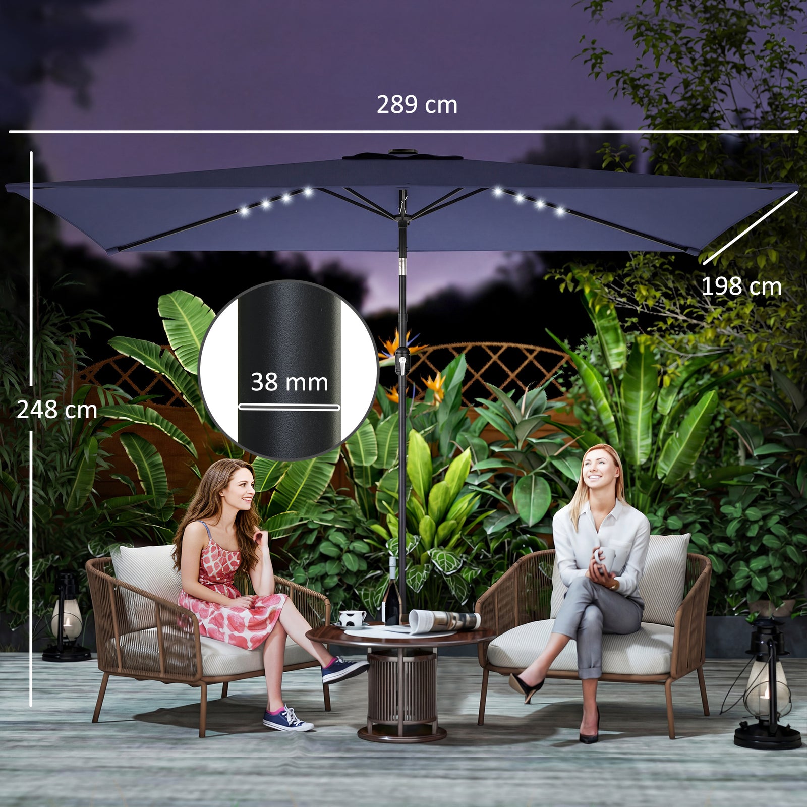 3 X 2 M Garden Parasol Umbrella With Light, Outdoor Patio Umbrella | Navy Blue