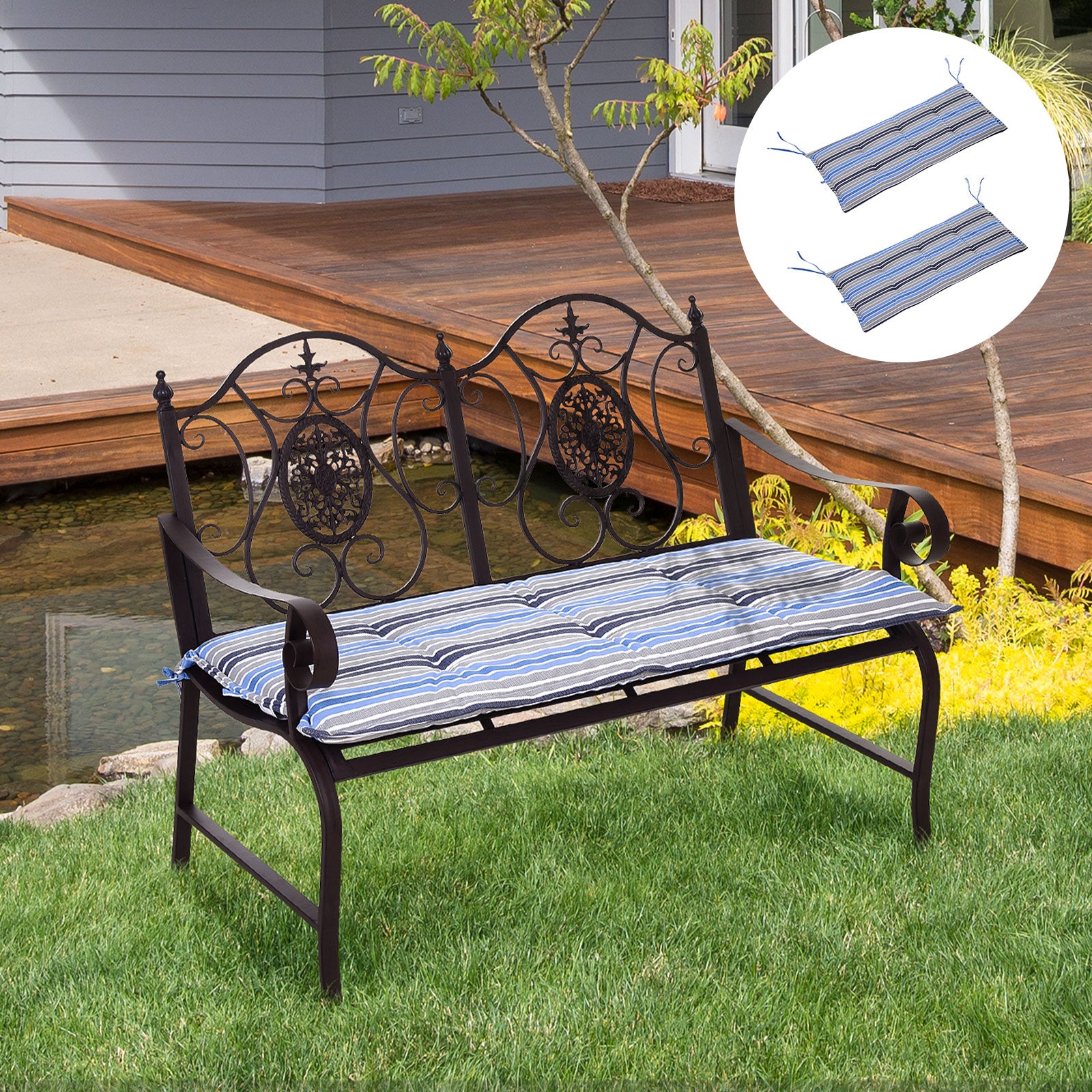 2 Pieces Replacement Cushions For Garden Bench, With Strips | Blue