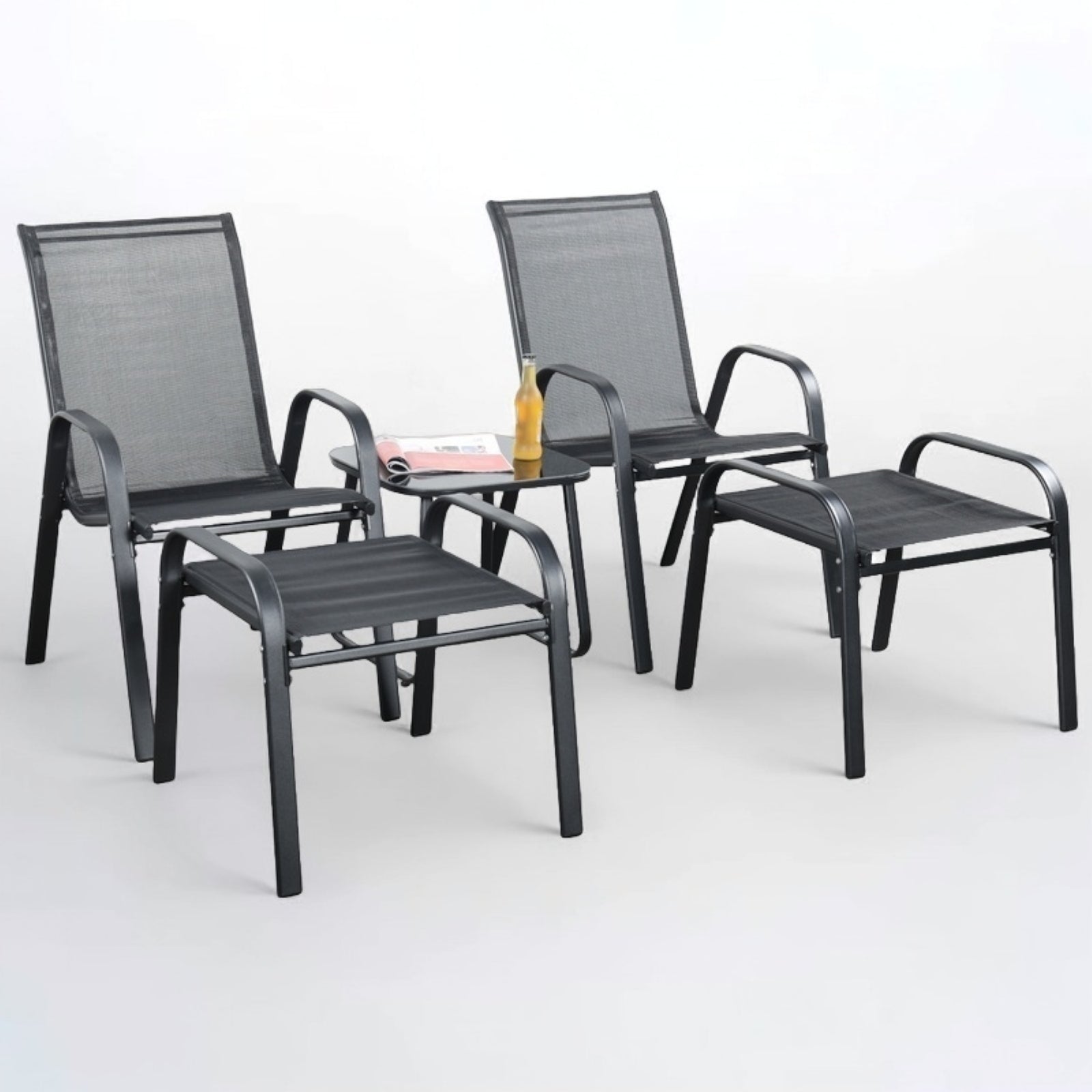 Brooke 5 Piece Black Bistro Set With Foot Stools