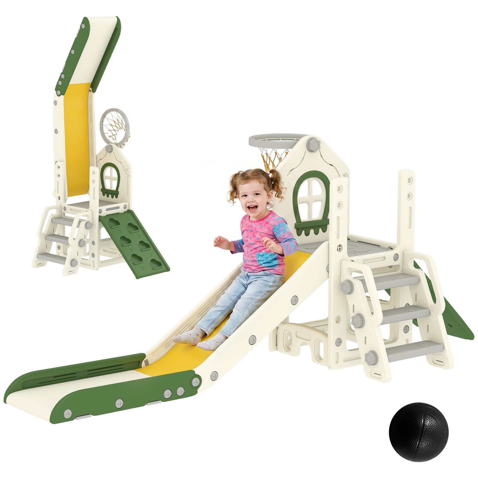 AIYAPLAY Foldable 5 In 1 Kids Slide With Climber And Basketball Hoop, Cream
