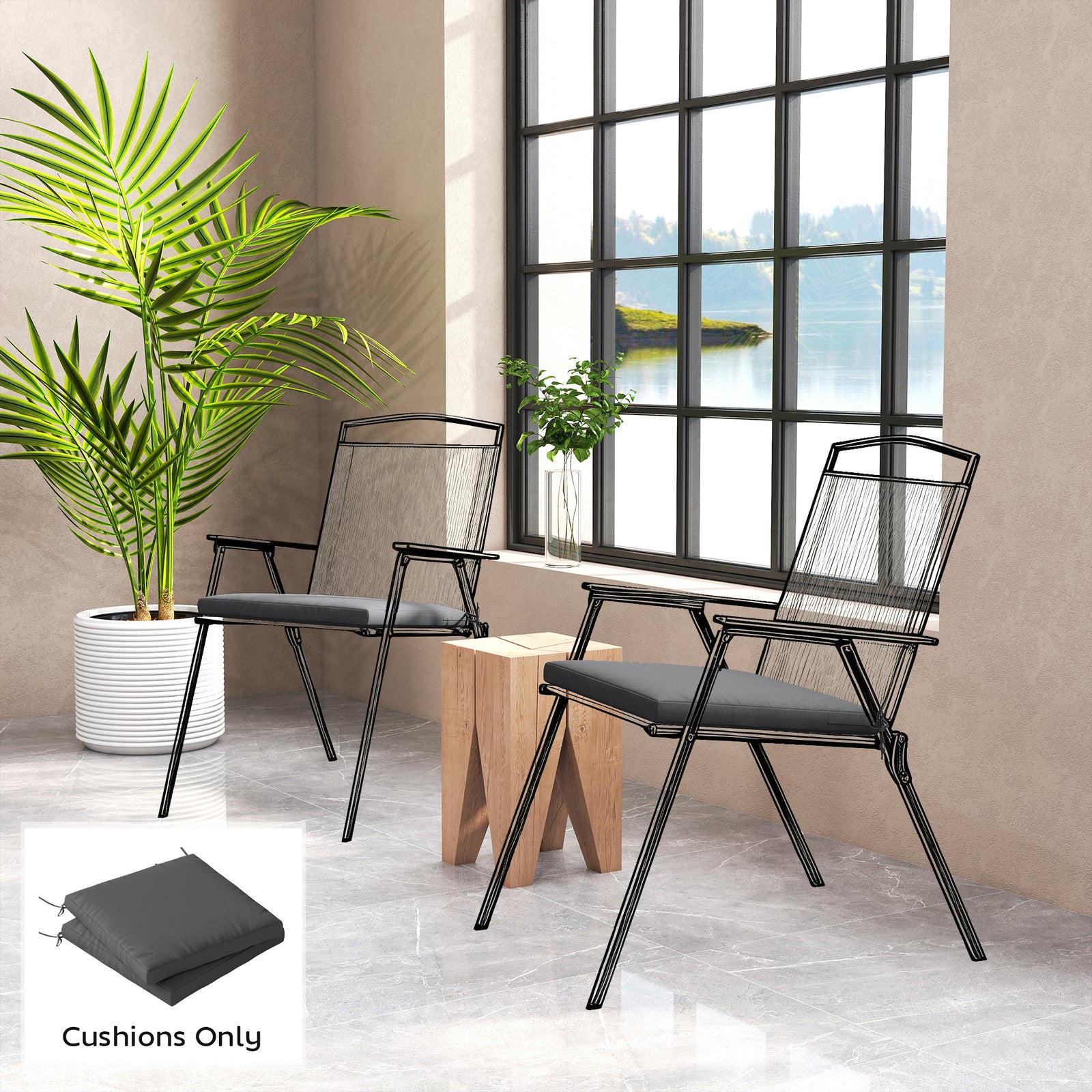 2pcs Garden Chair Cushions, Waterproof Seat Pads | Dark Grey