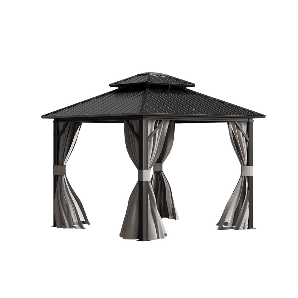 10x10ft Hardtop Aluminium Patio Gazebo With Curtains & Mesh Screens, Double Roof | Medium | Black