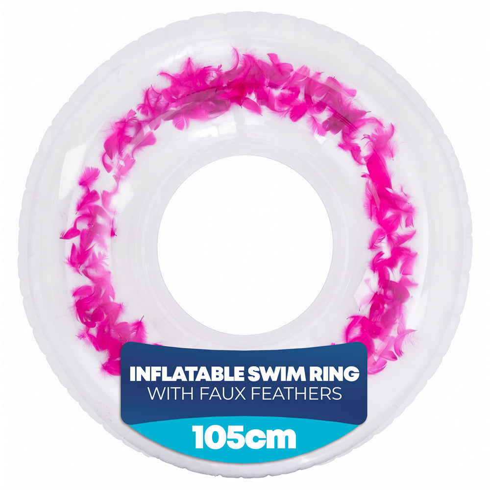 Transparent Inflatable Swim Ring With Faux Feathers | One Size | Pink