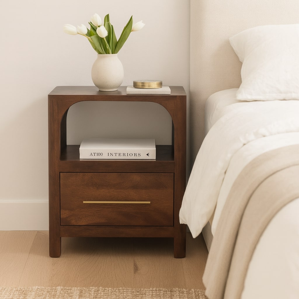 Arc-line Bedside Table, 1 Drawer, 1 Open Shelf, brown
