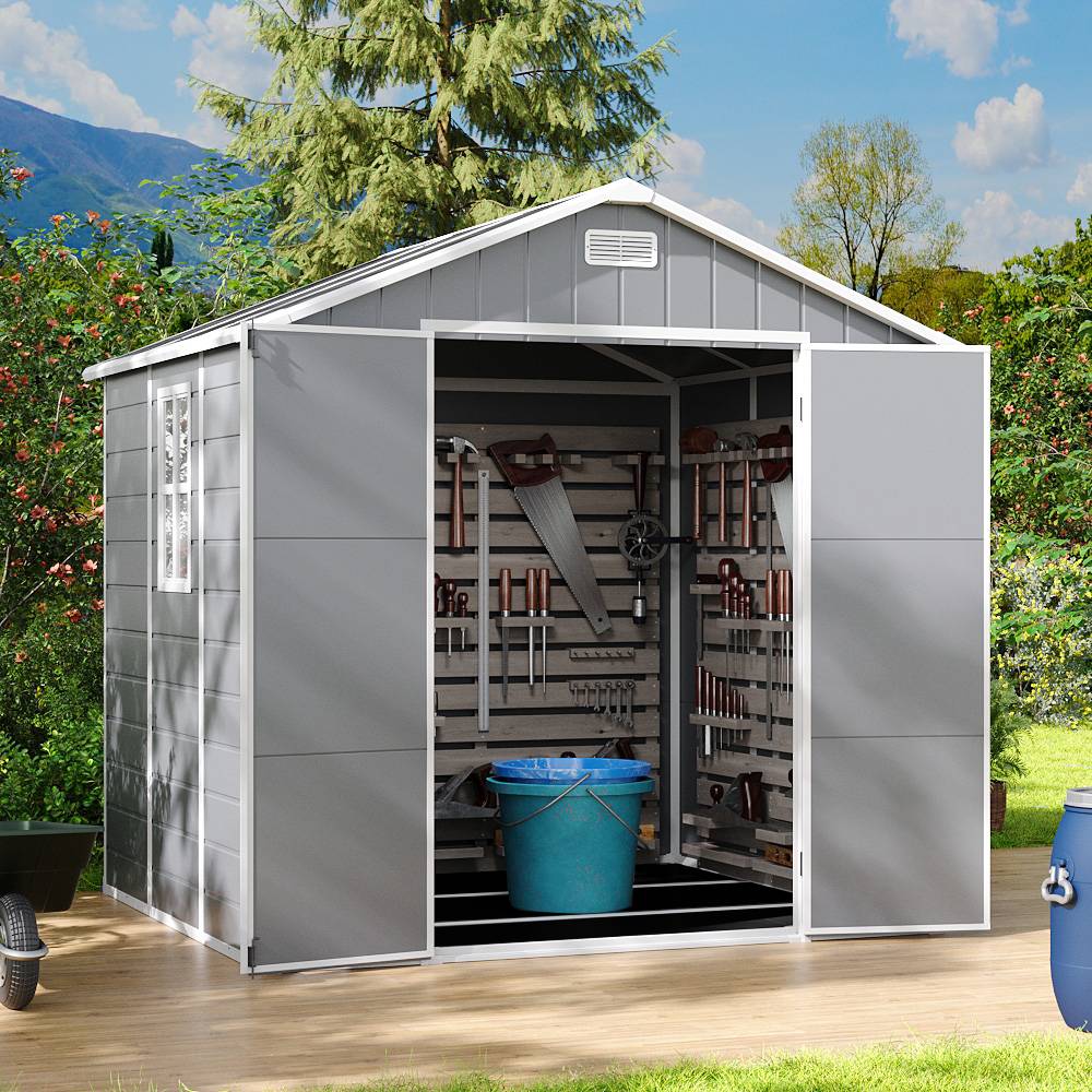 8x6ft Outdoor Plastic Tool Shed With Apex Roof & Floor, Double Doors, Ventilation & Window, Lockable Backyard Storage House