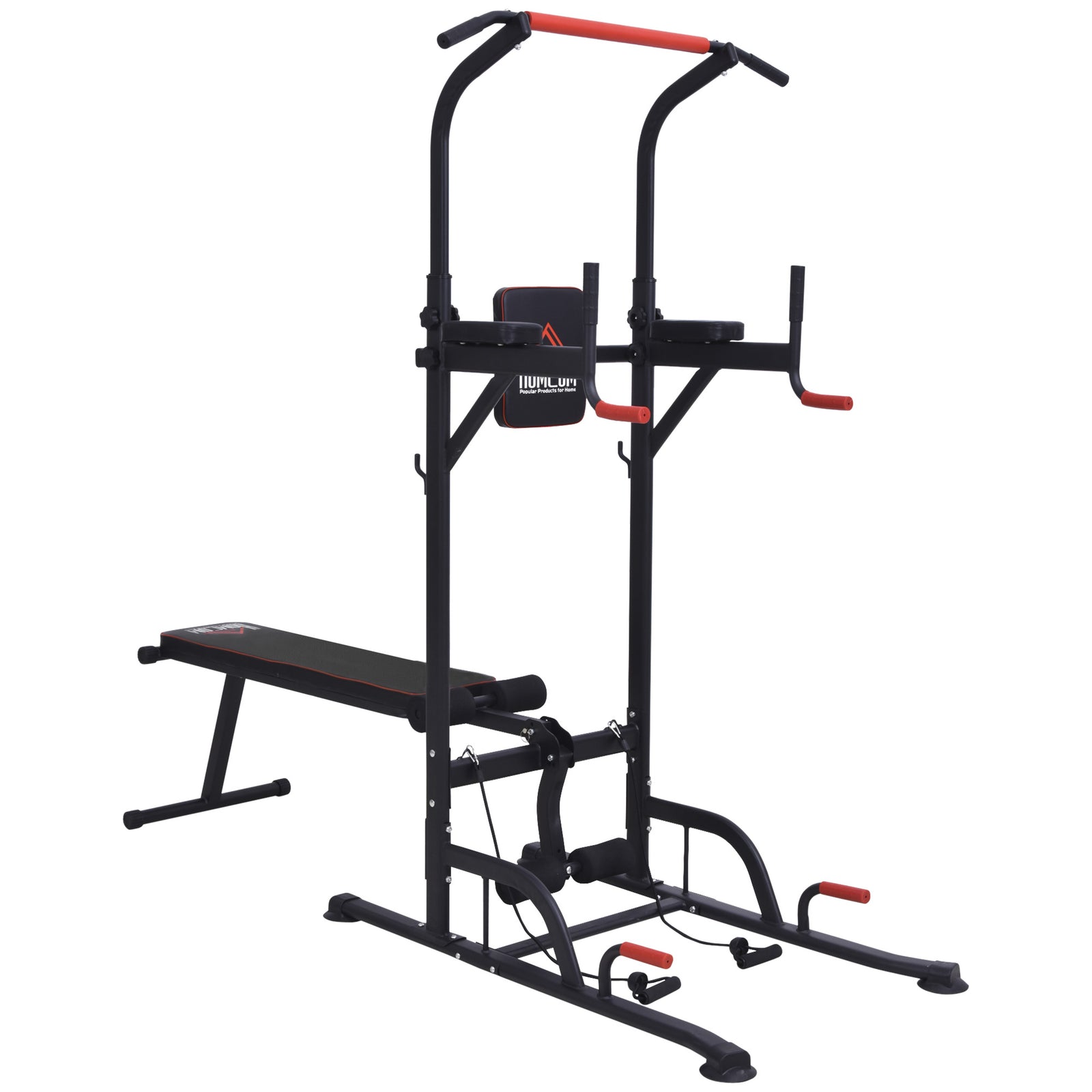 Power Tower Dip Station With Sit-up Bench And Tension Ropes | Black