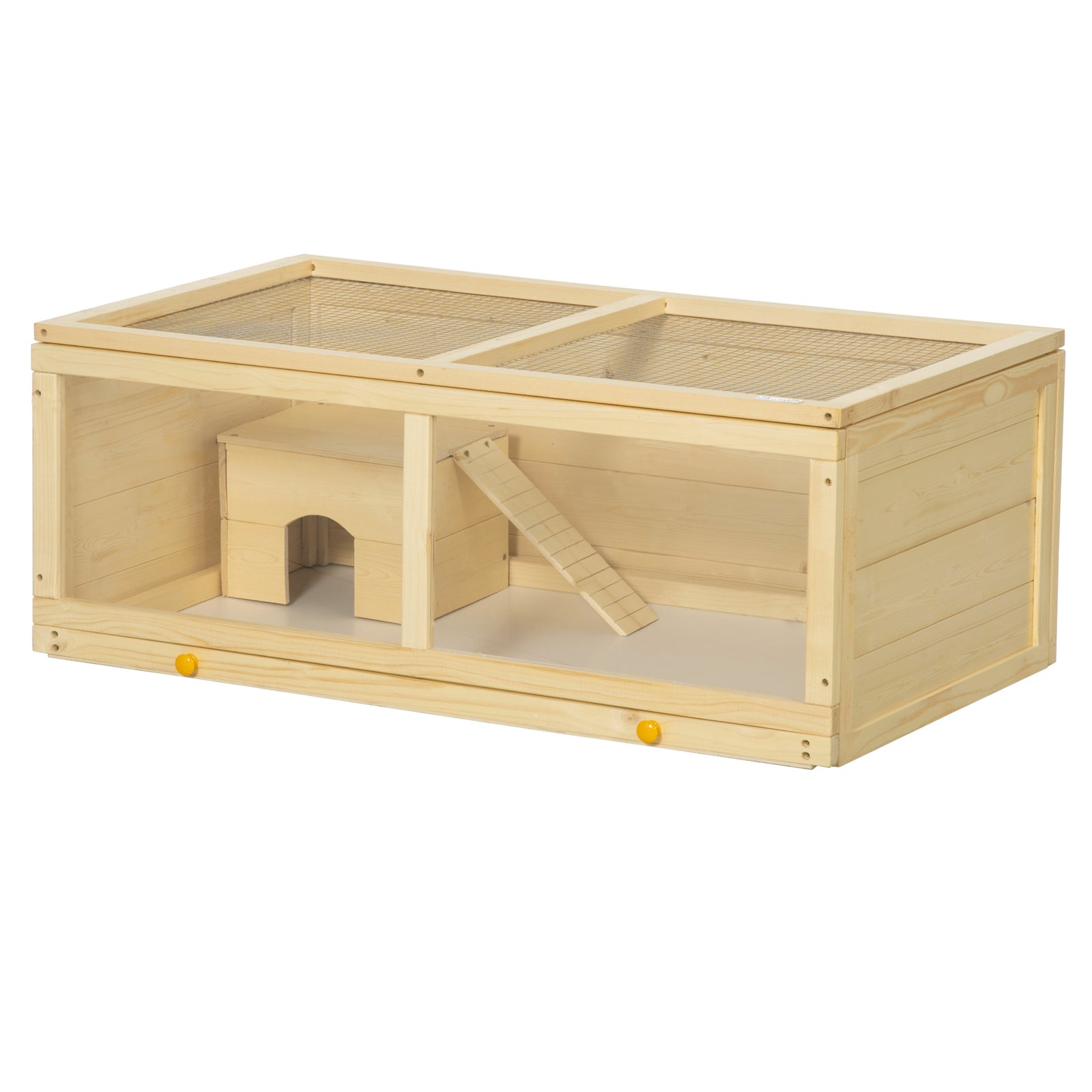 Pawhut Wooden Hamster Cage With Sliding Tray, Openable Top, Hut | Natural