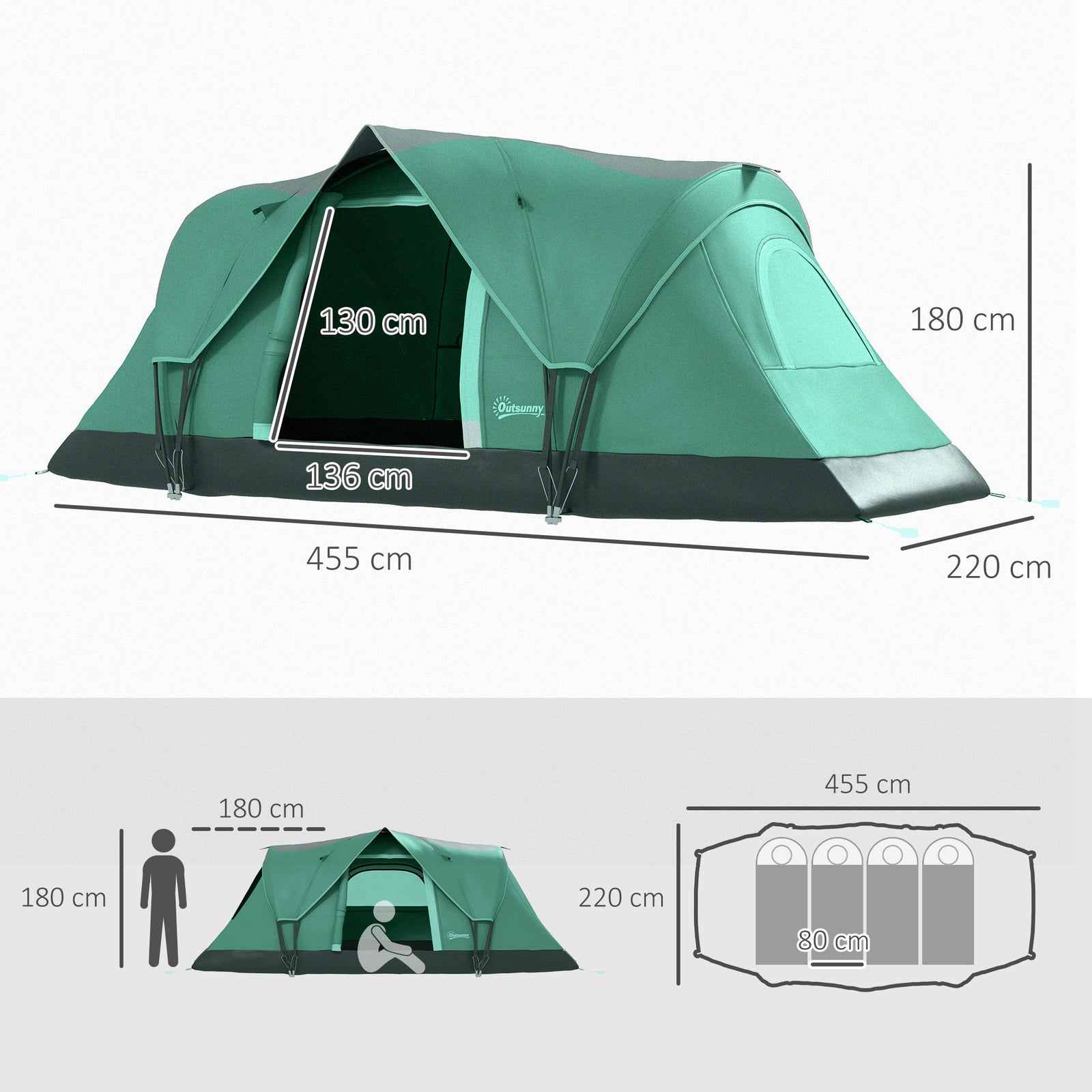Outdoor Camping Tent For 5-6 W/ Bag, Fiberglass, Steel Frame | Green