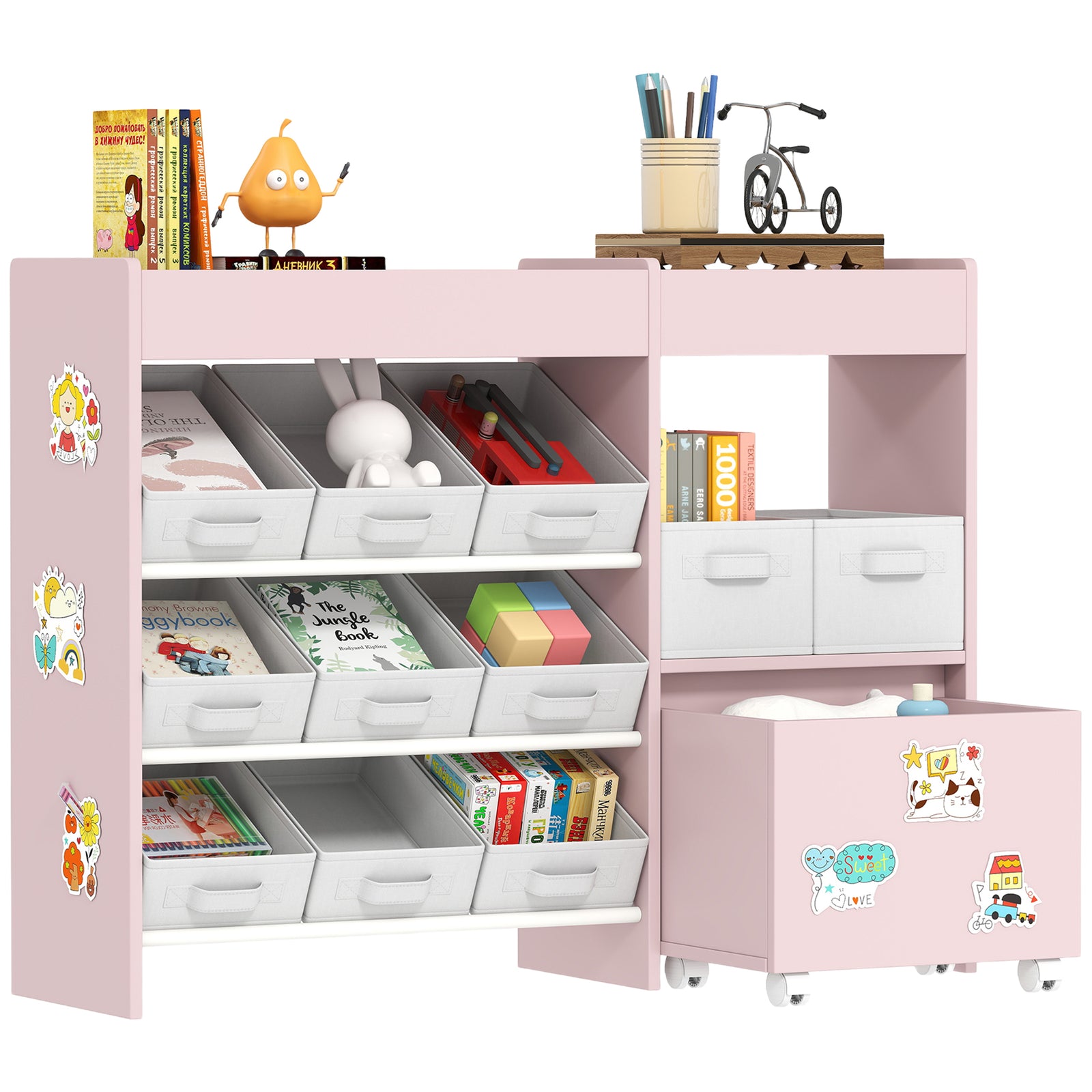 Kids Toy Storage Unit With 11 Fabric Bins, 3 Stickers | Pink