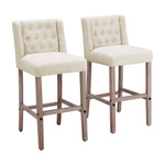 Elegant Set Of 2 Bar Stools Linen Tufted With Wood Legs & Low Back | Beige