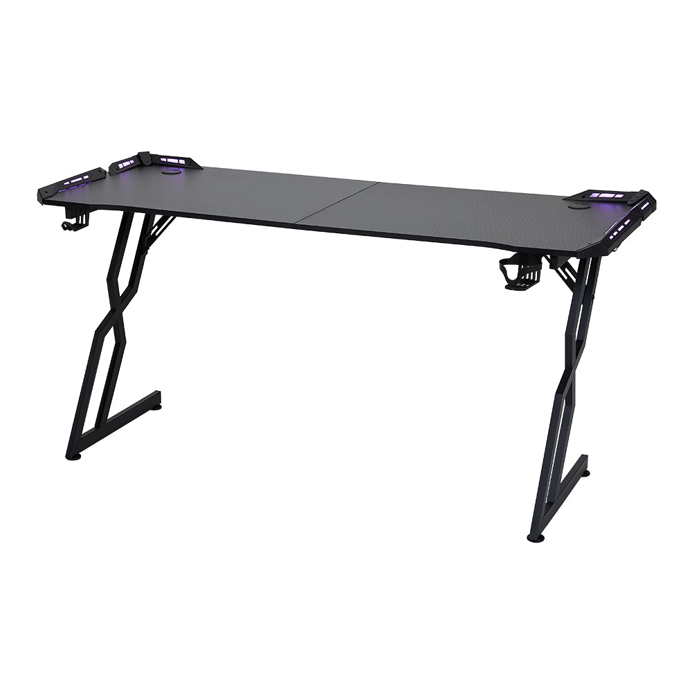 120cm/140cm/160cm W Gaming Desk With Mouse Pad, Cup Holder & Headphone Hook Sturdy Computer Table With Led Lights | Medium | Black