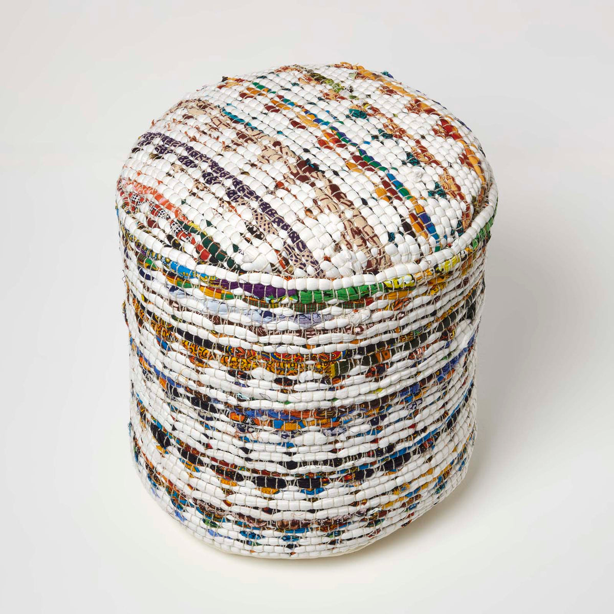 HOMESCAPES Cream Chindi Pattern Woven Bean Filled Pouffe Circular 45 X 40 Cm
