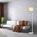 Marshall Hand Made Designer Floor Lamp In Matt White Metal And Natural Rattan Coloured Fabric