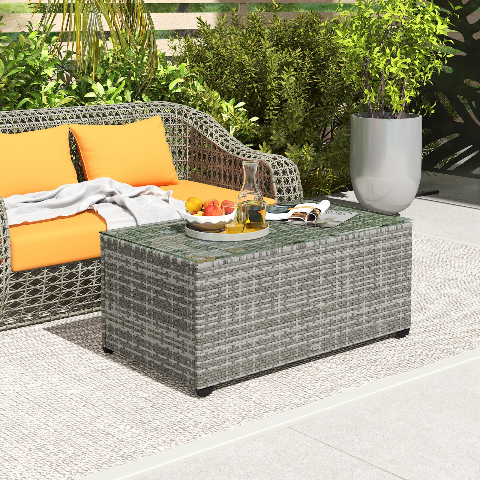 Outdoor Coffee Table, Glass Top Rattan Side Table | Light Grey
