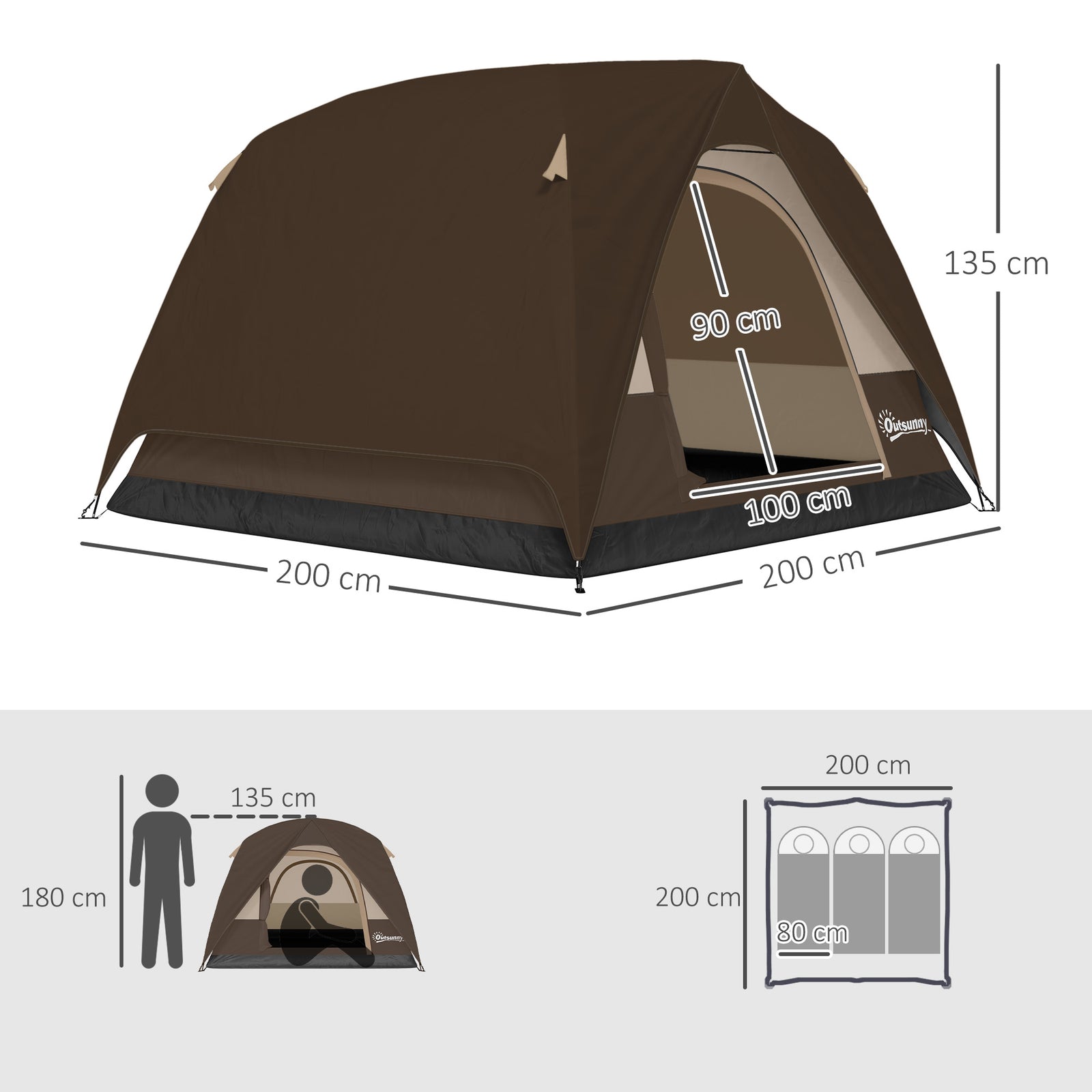 3-4 Person Camping Tent, Waterproof Tent | Brown